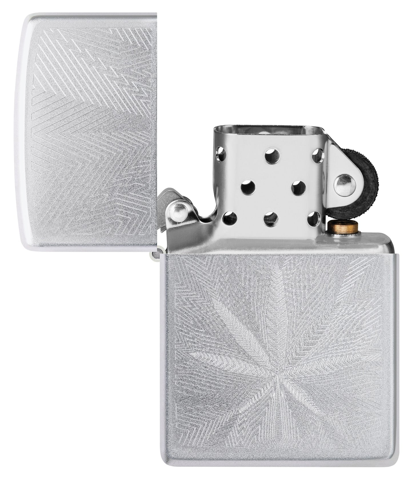 Zippo Luxury Leaf Design Satin Chrome Windproof Lighter with its lid open and unlit.