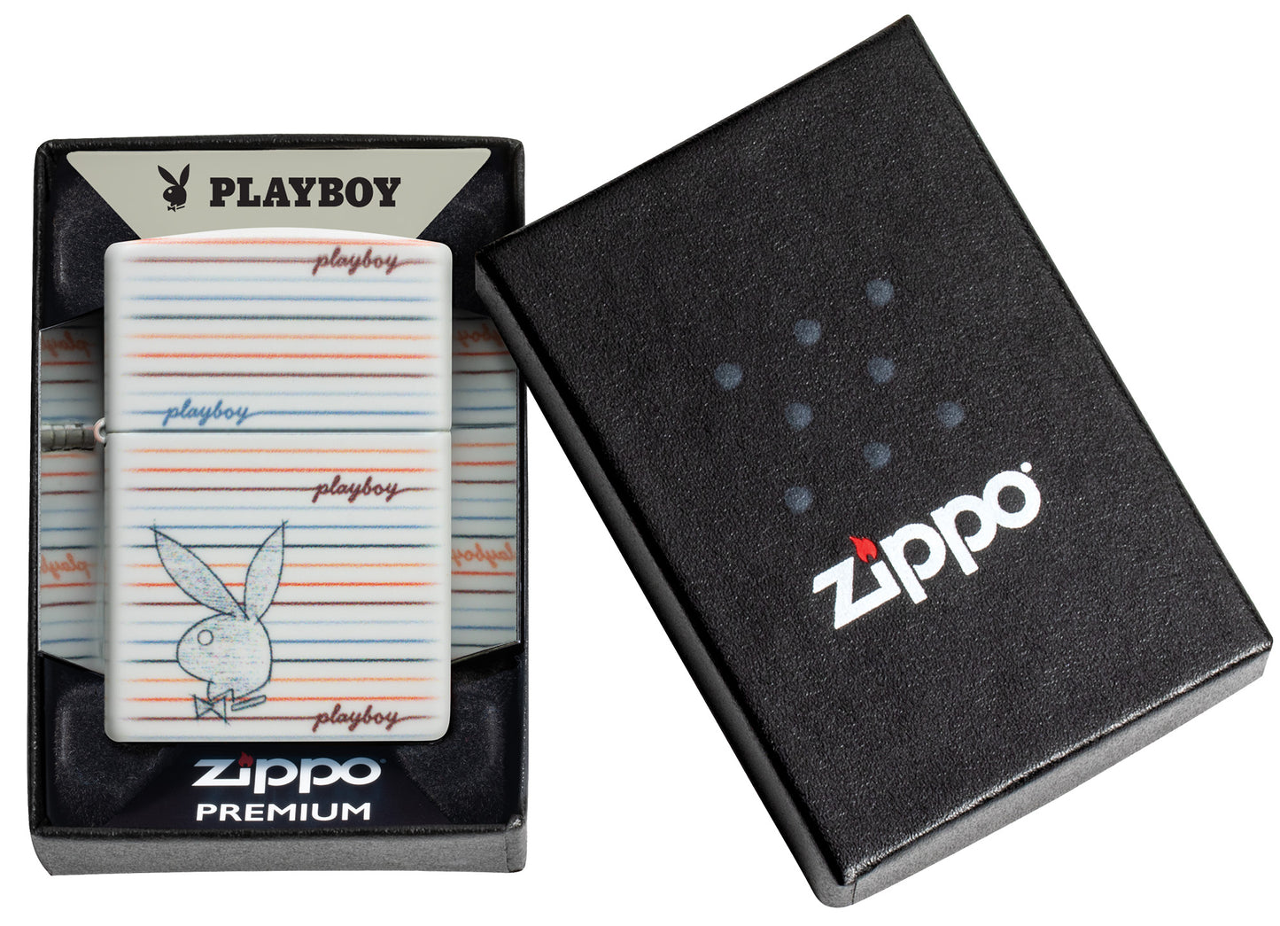 Zippo Playboy Rabbit Silhouette Line Design White 540 Matte Windproof Lighter in its packaging.