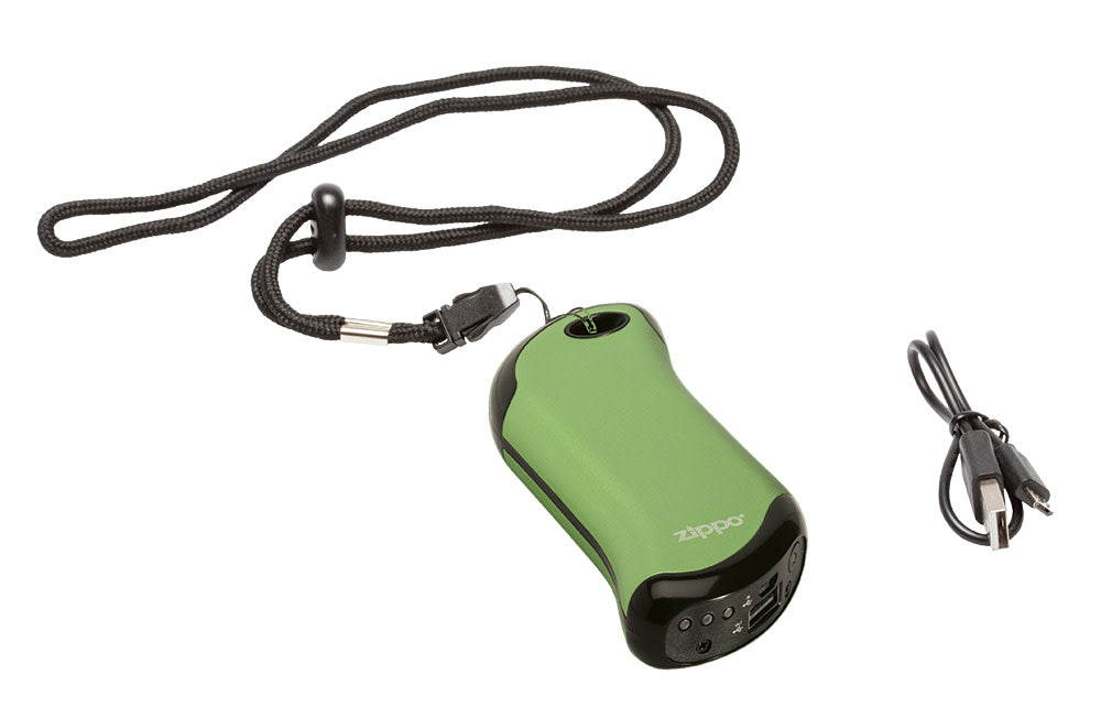Green HeatBank® 9s Rechargeable Gaming Hand Warmers with included lanyard and USB charger.