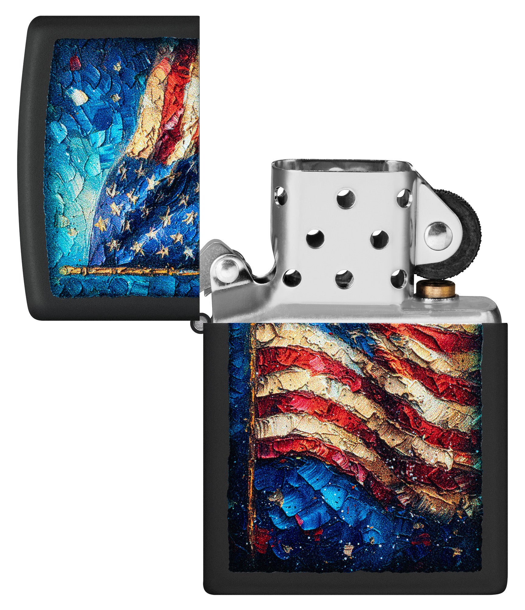 Zippo Painted Flag Design Black Matte Windproof Lighter with its lid open and unlit.