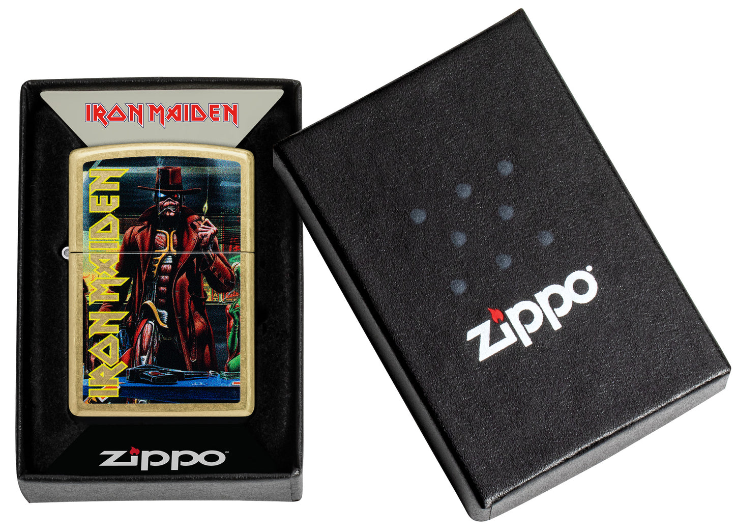 Zippo Iron Maiden Stranger in a Strange Land Street Brass Windproof Lighter in its packaging.