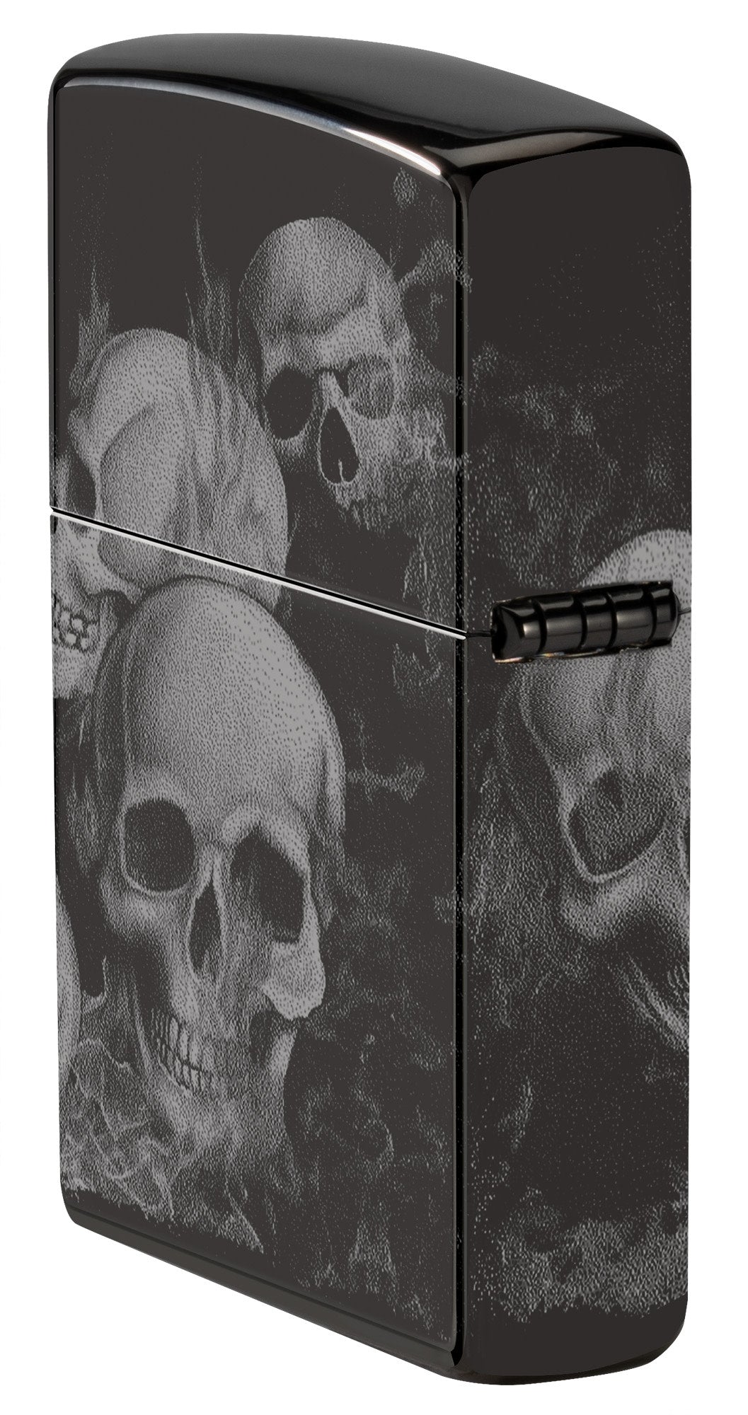 Angled shot of Zippo Skulls High Polish Black Windproof Lighter showing the back and hinge side of the lighter.