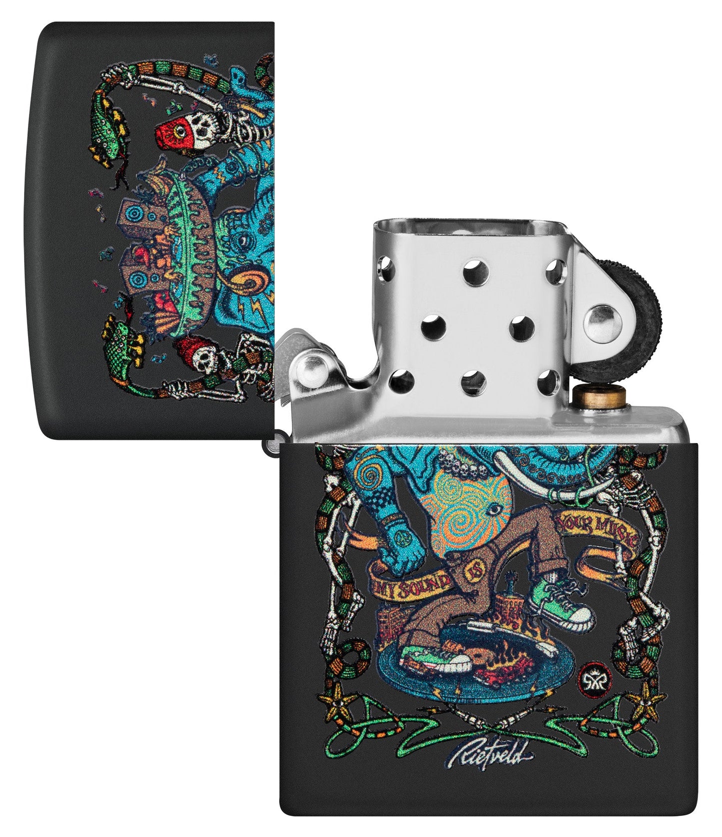 Zippo Black Light Rick Rietveld Design Black Martte Windproof Lighter with its lid open and unlit.