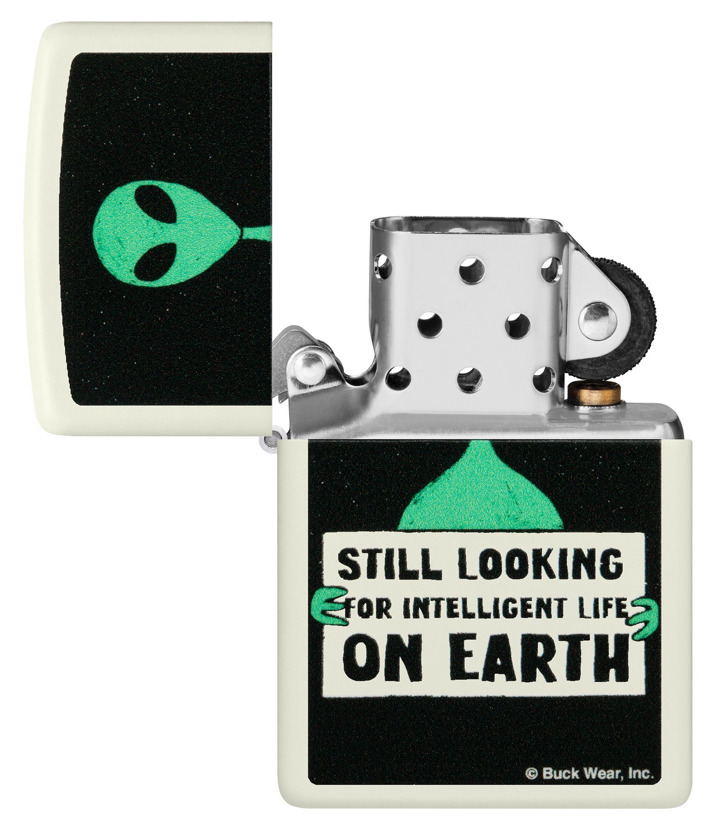 Zippo Buck Wear Alien Design Glow in the Dark Green Matte Windproof Lighter with its lid open and unlit.