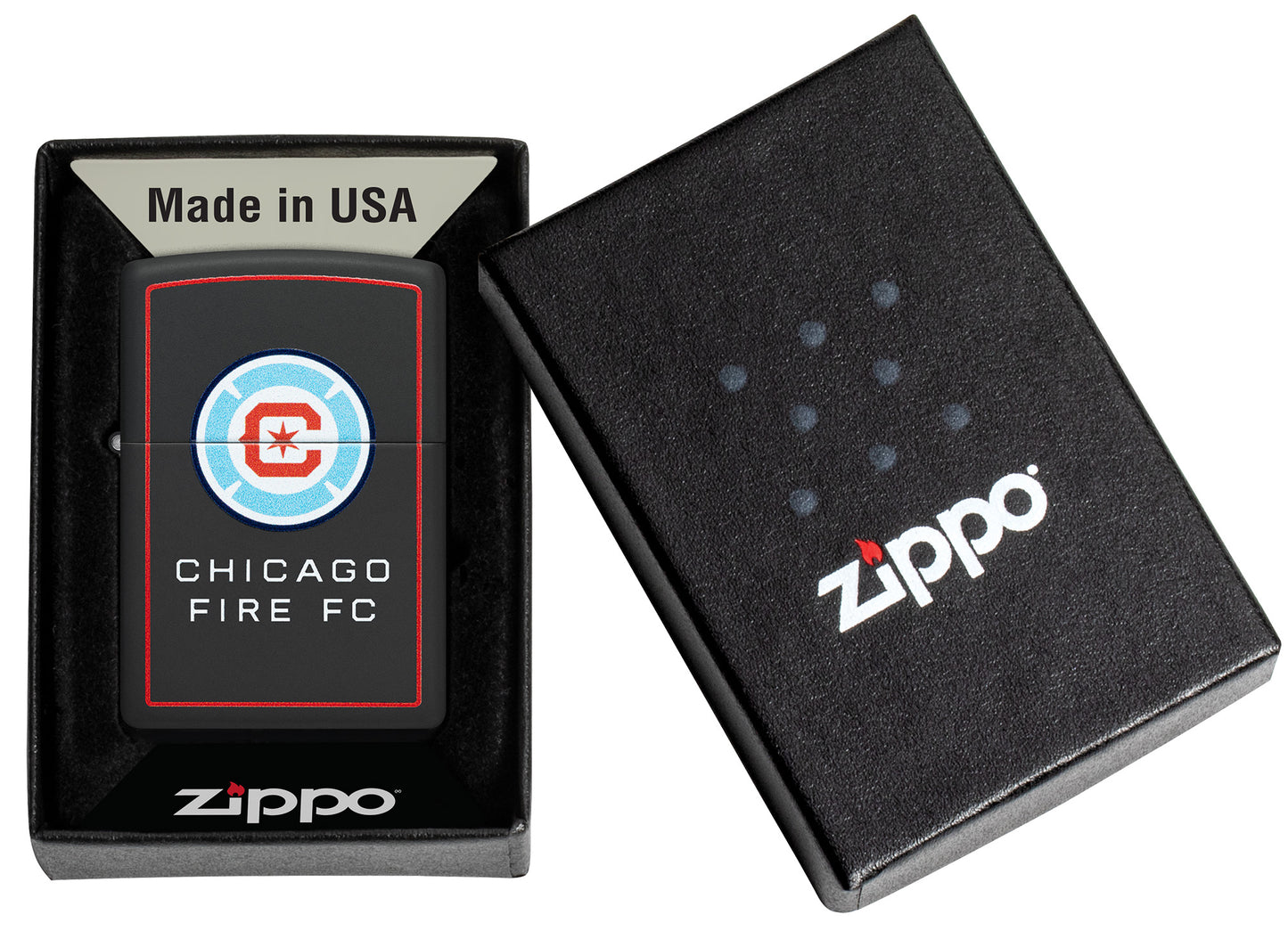 Front view of Zippo Chicago Fire FC Windproof Lighter packaging.