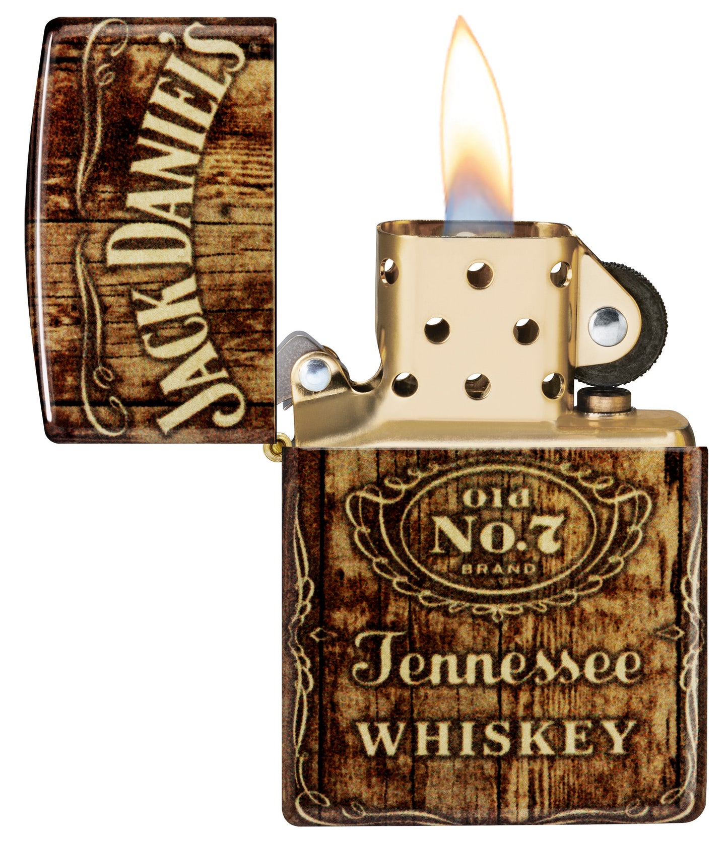 Zippo Jack Daniel's® Barrel Design 540 Tumbled Brass Windproof Lighter with its lid open and lit.