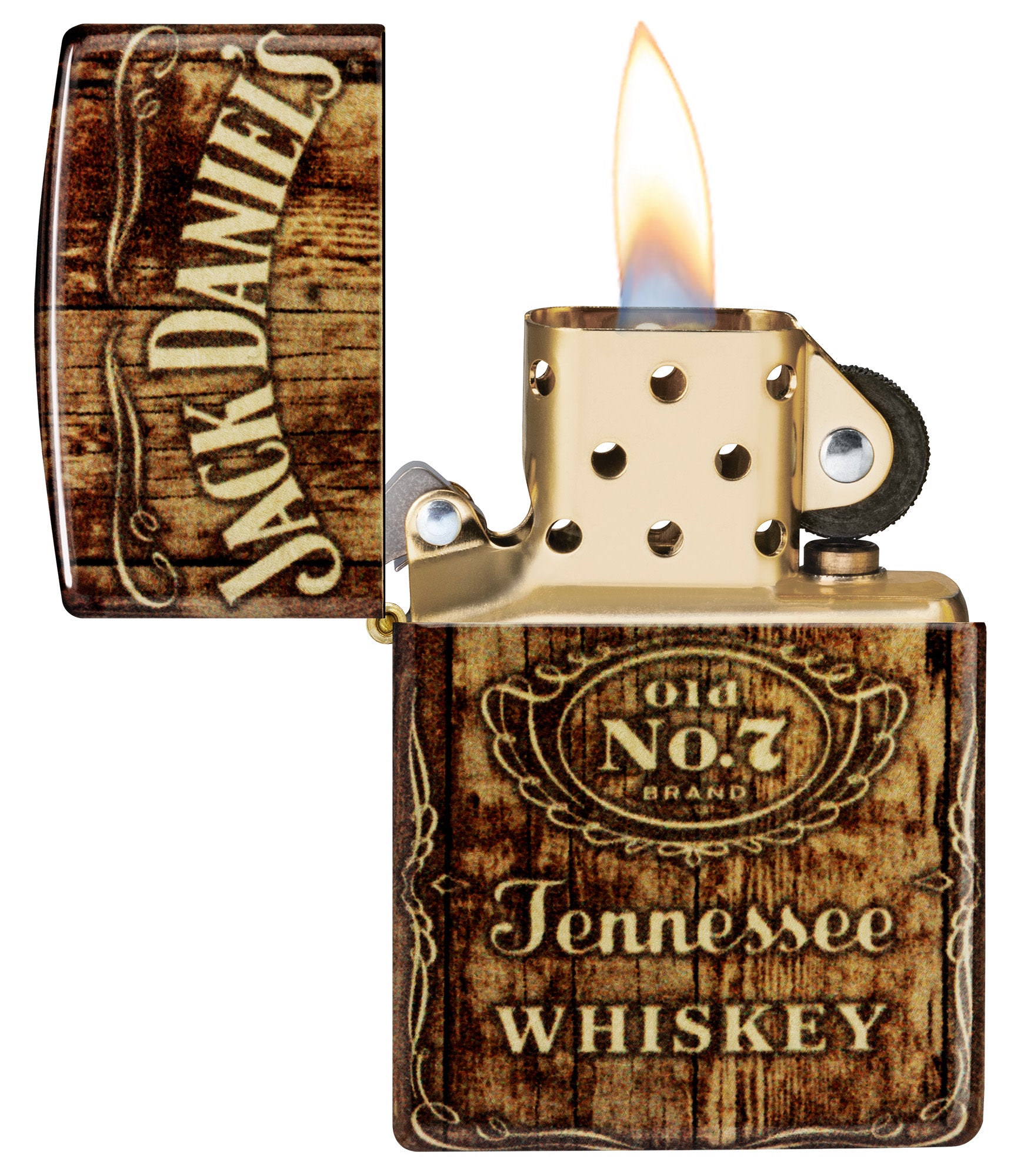 Zippo Jack Daniel's® Barrel Design 540 Tumbled Brass Windproof Lighter with its lid open and lit.