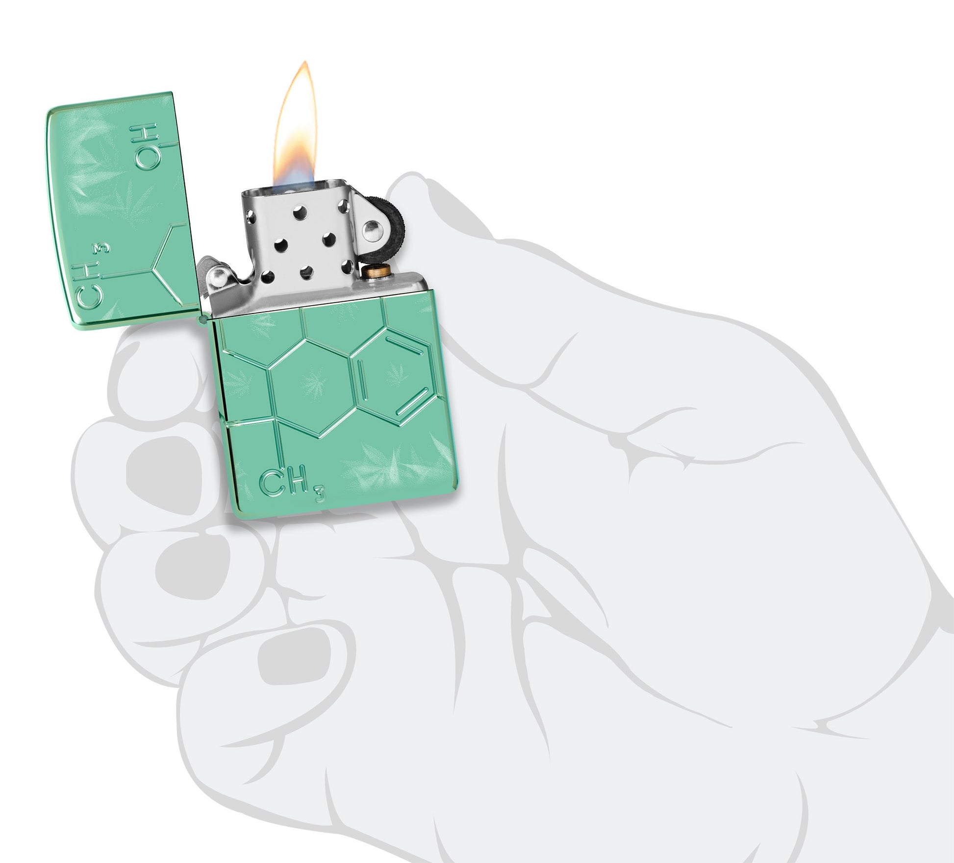 Zippo Cannabis Compound Design Armor® High Polish Green Windproof Lighter lit in hand.