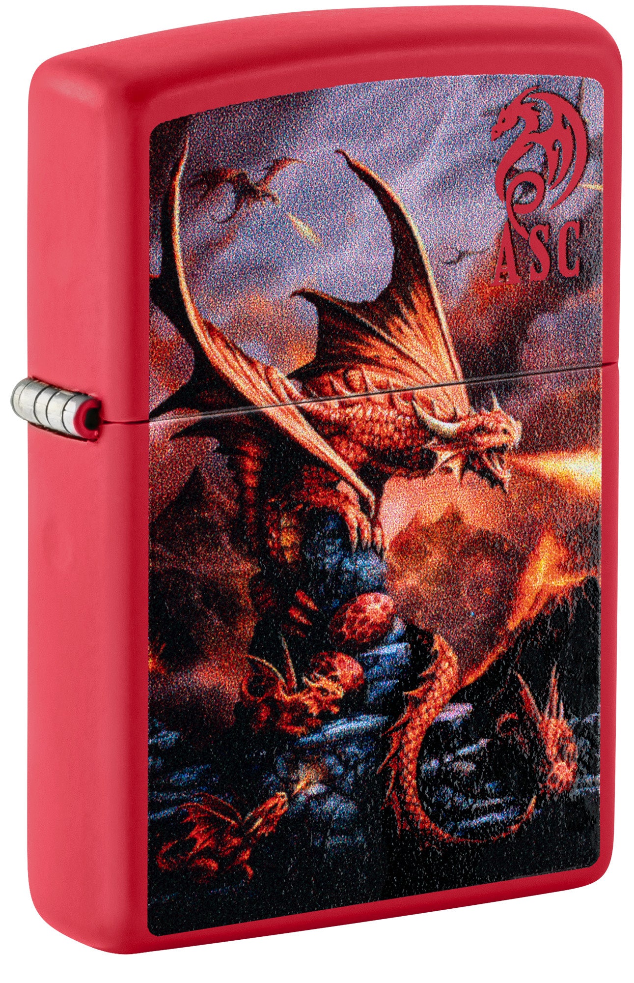 Front shot of Zippo Anne Stokes Fire Dragon Design Red Matte Windproof Lighter standing at a 3/4 angle.