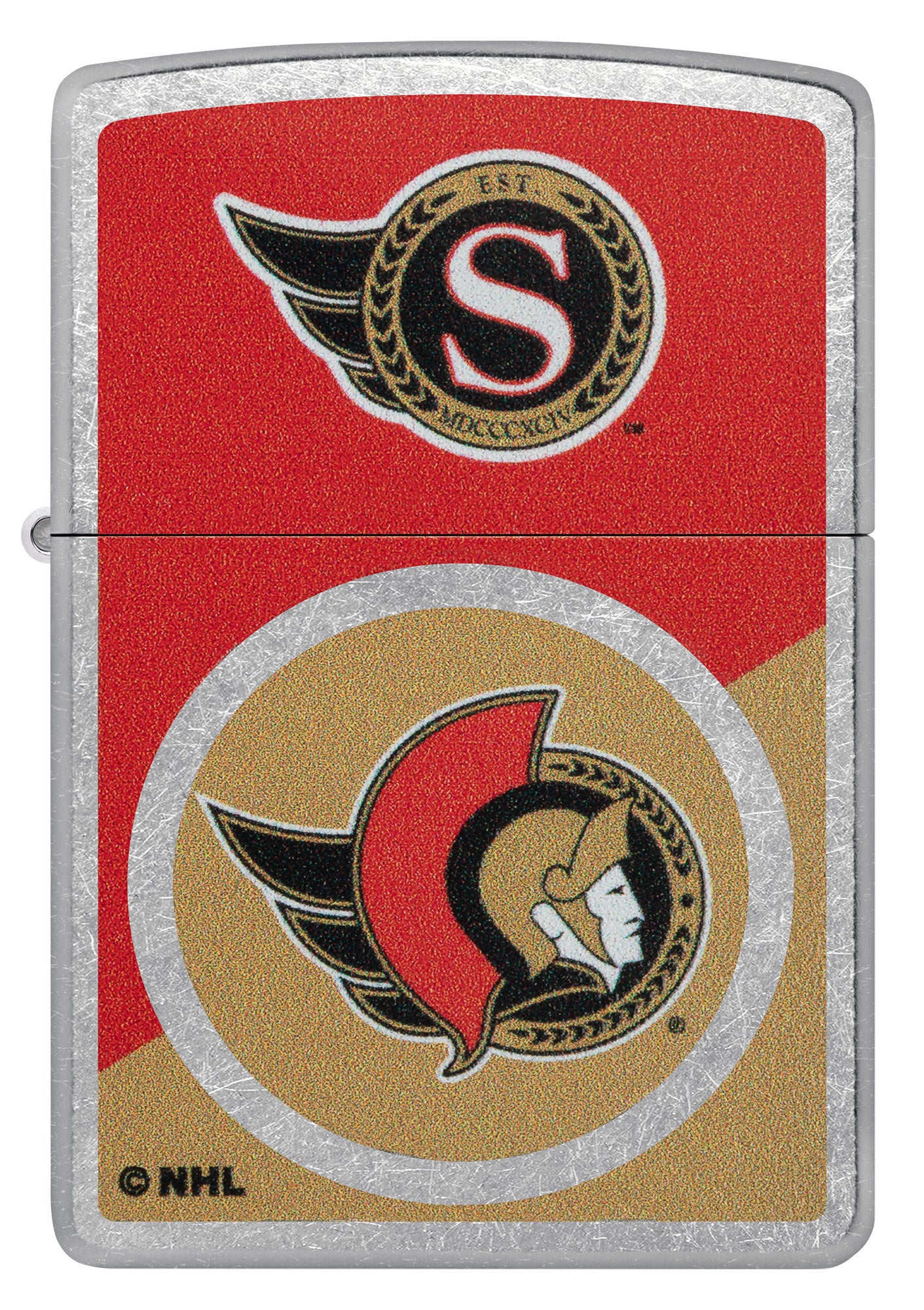 Zippo NHL® Ottawa Senators® 2024 Street Chrome™ Windproof Lighter with its lid open and lit.