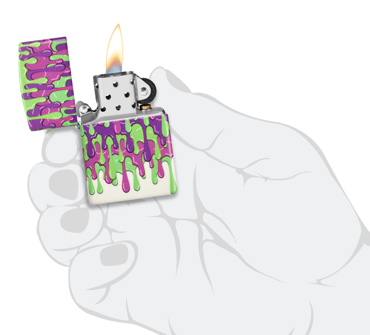 Zippo Glowing Slime Design Glow in the Dark Windproof Lighter lit in hand.
