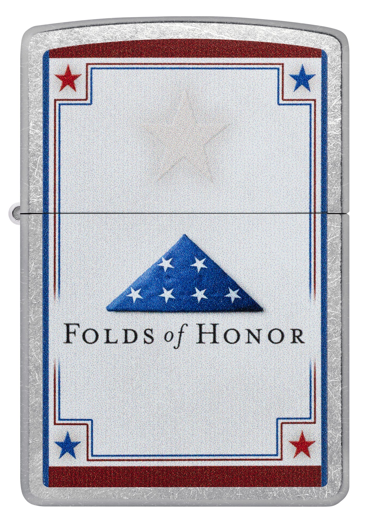Front view of Zippo Folds of Honor Logo Design Street Chrome Pocket Lighter.
