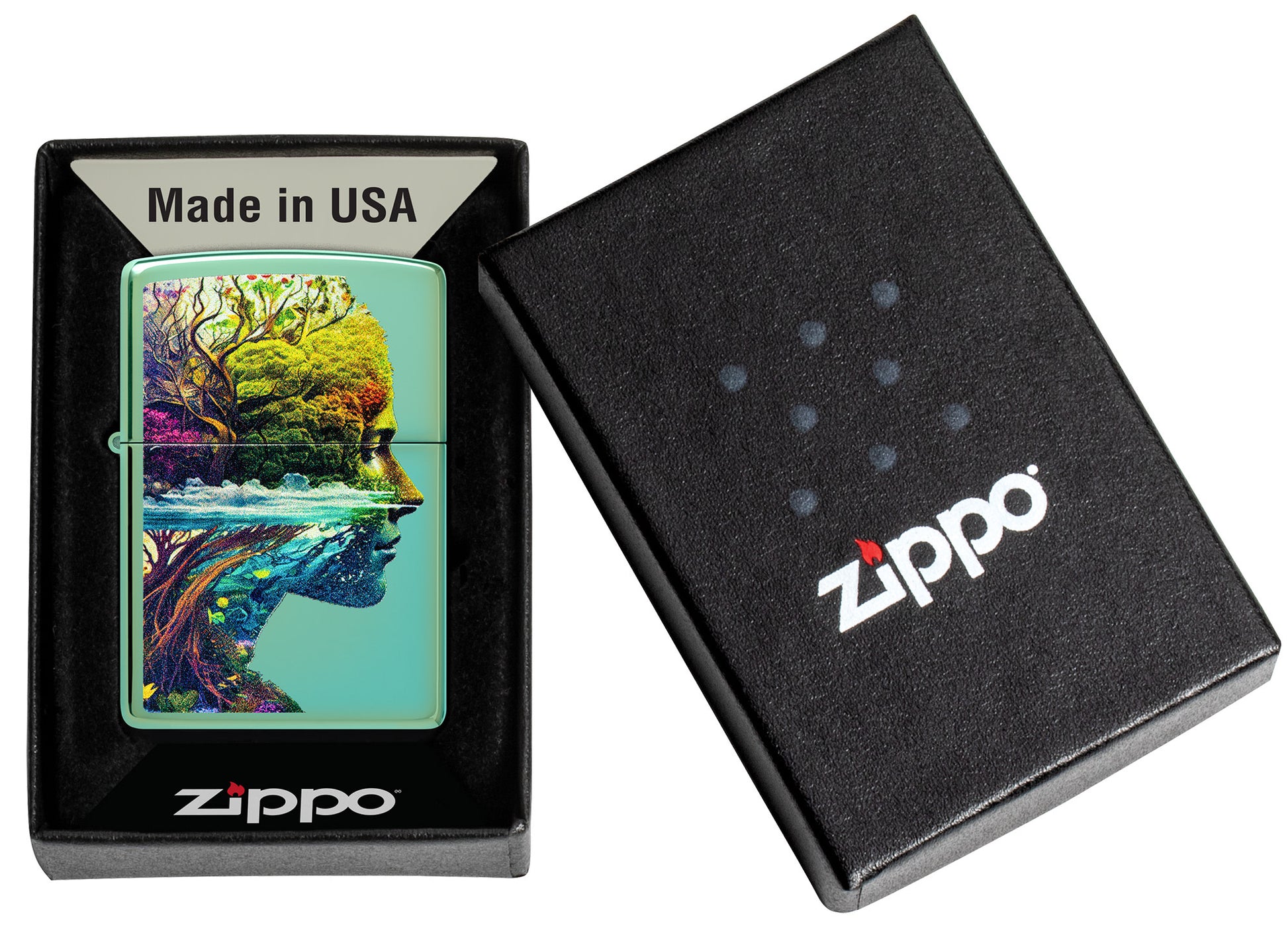 Zippo One with Nature Design High Polish Green Windproof Lighter in its packaging.
