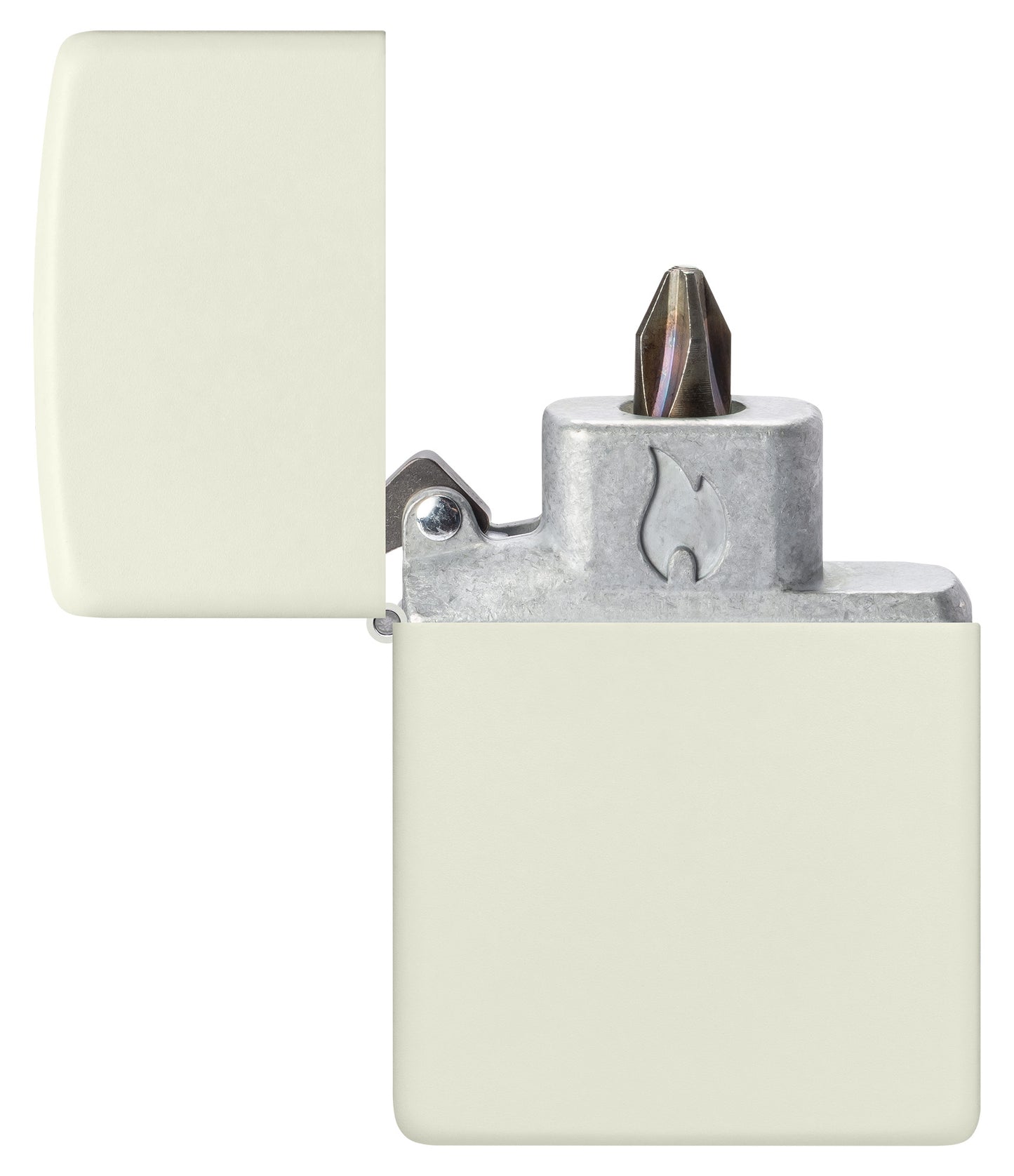 Zippo Classic Glow in the Dark Windproof Lighter with its lid open and showing the Bit Safe Screwdriver USA.