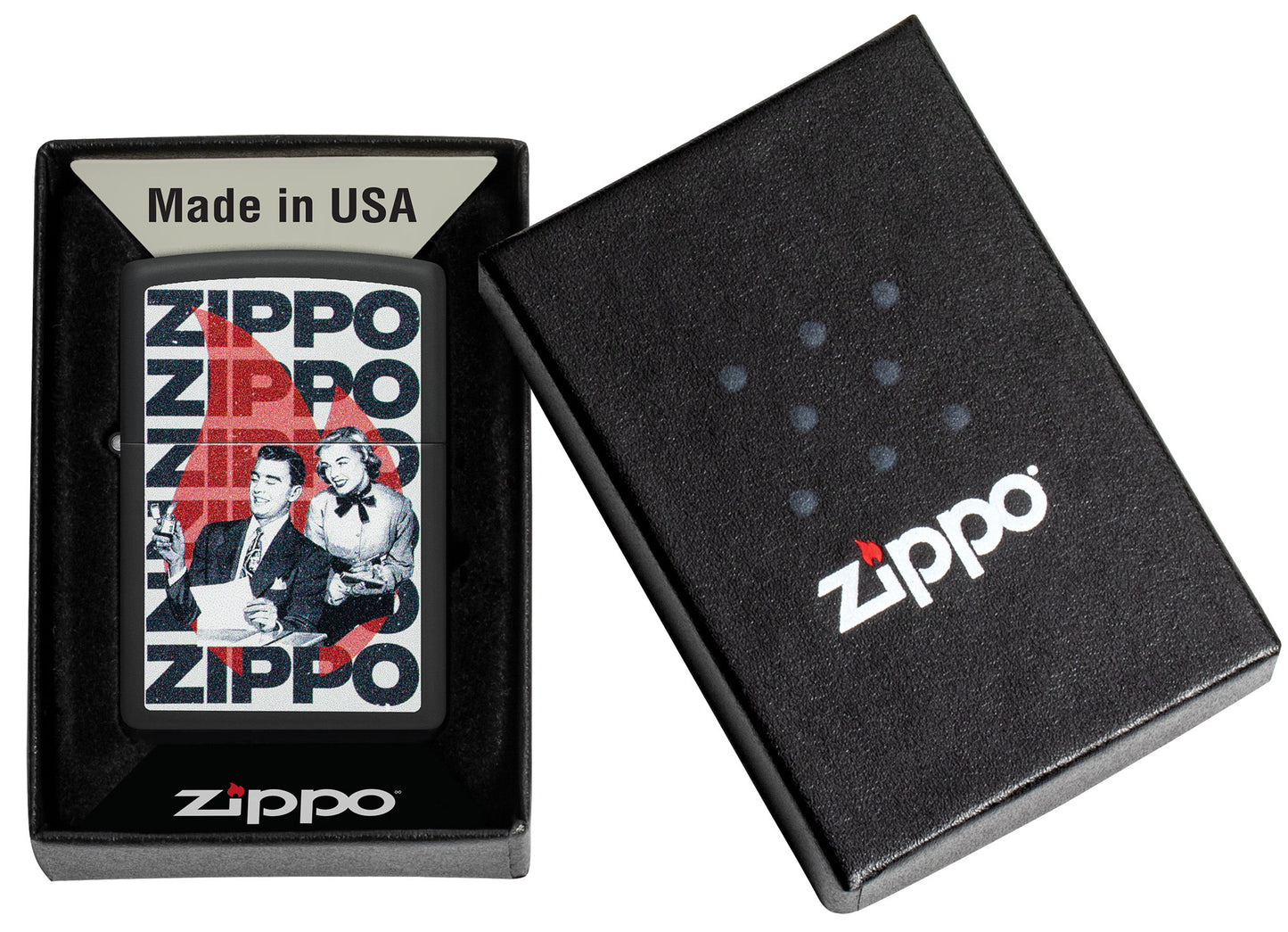 Vintage Zippo Design Black Matte Windproof Lighter in its packaging.