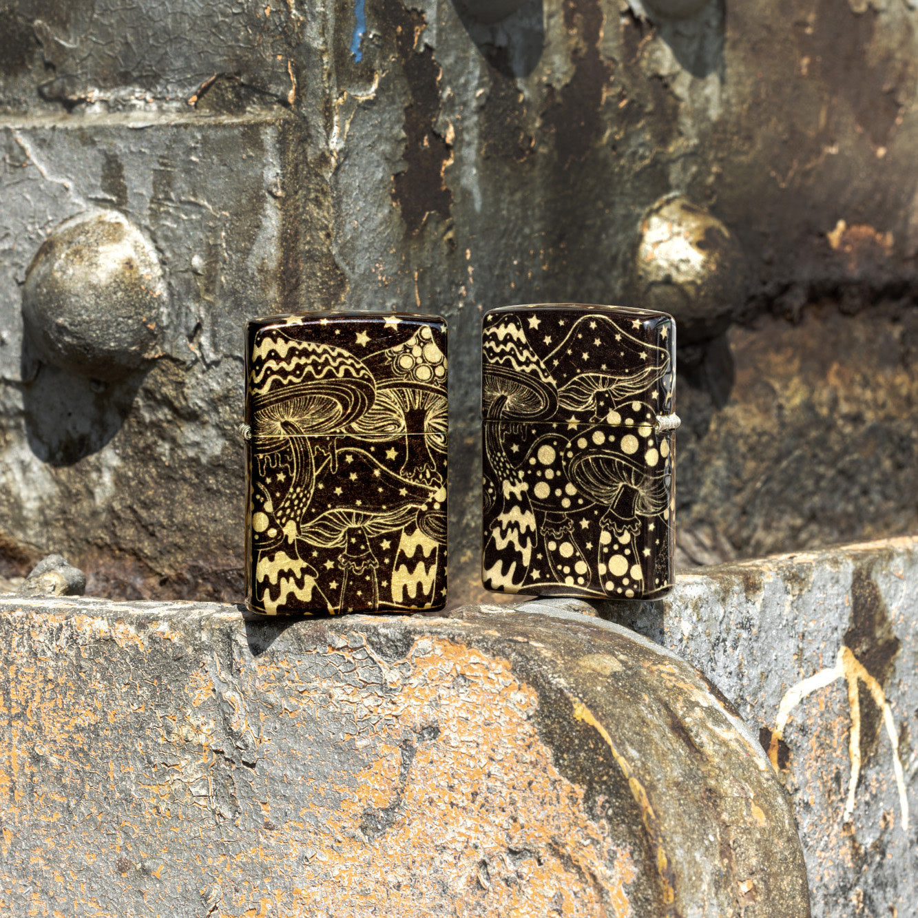 Lifestyle image of Zippo Mushroom Drift Design 540 Tumbled Brass Windproof Lighter