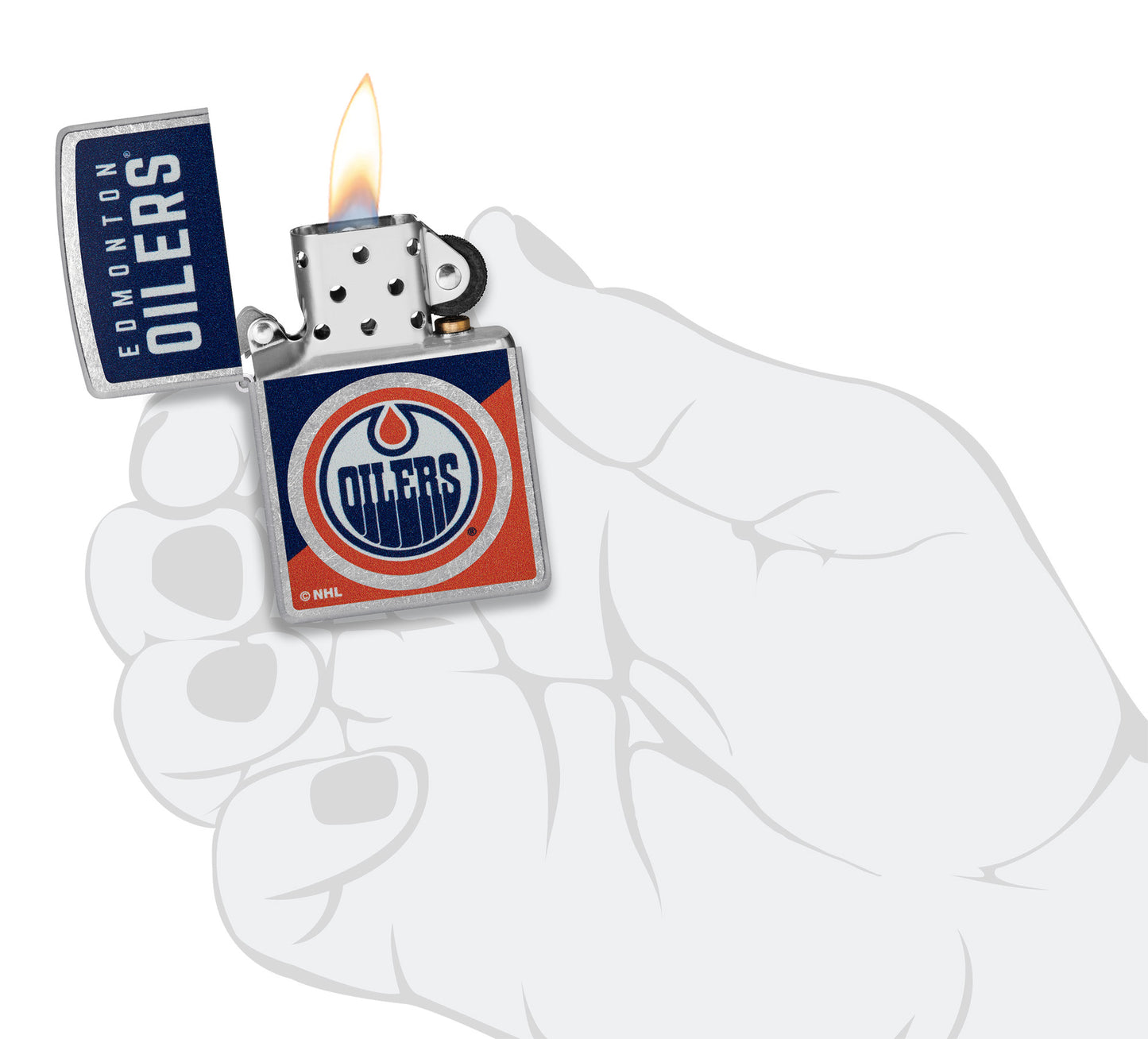 Zippo NHL® Edmonton Oilers® 2024 Street Chrome™ Windproof Lighter in its packaging.