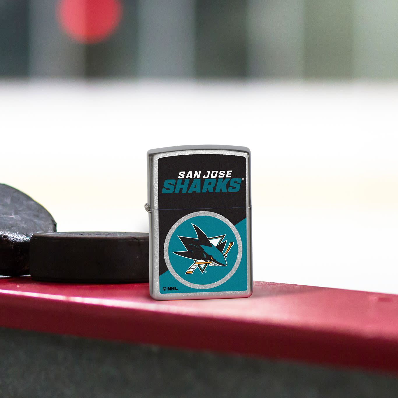 Front view of Zippo NHL® San Jose Sharks® 2024 Street Chrome™ Windproof Lighter.