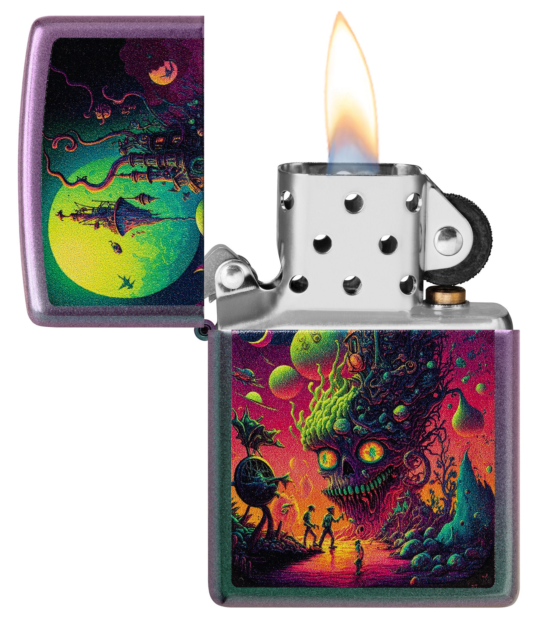 Zippo Distant Lands Design Iridescent Windproof Lighter with its lid open and lit.