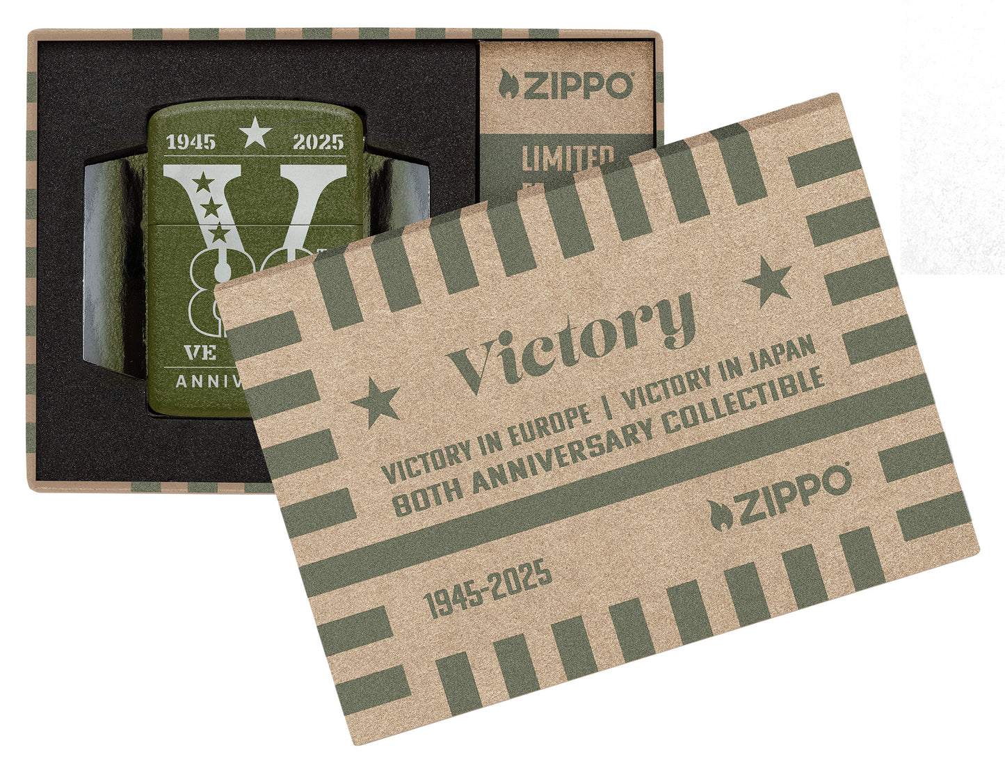 Zippo VE/VJ 80th Anniversary Collectible Steel Windproof Lighter in its packaging.