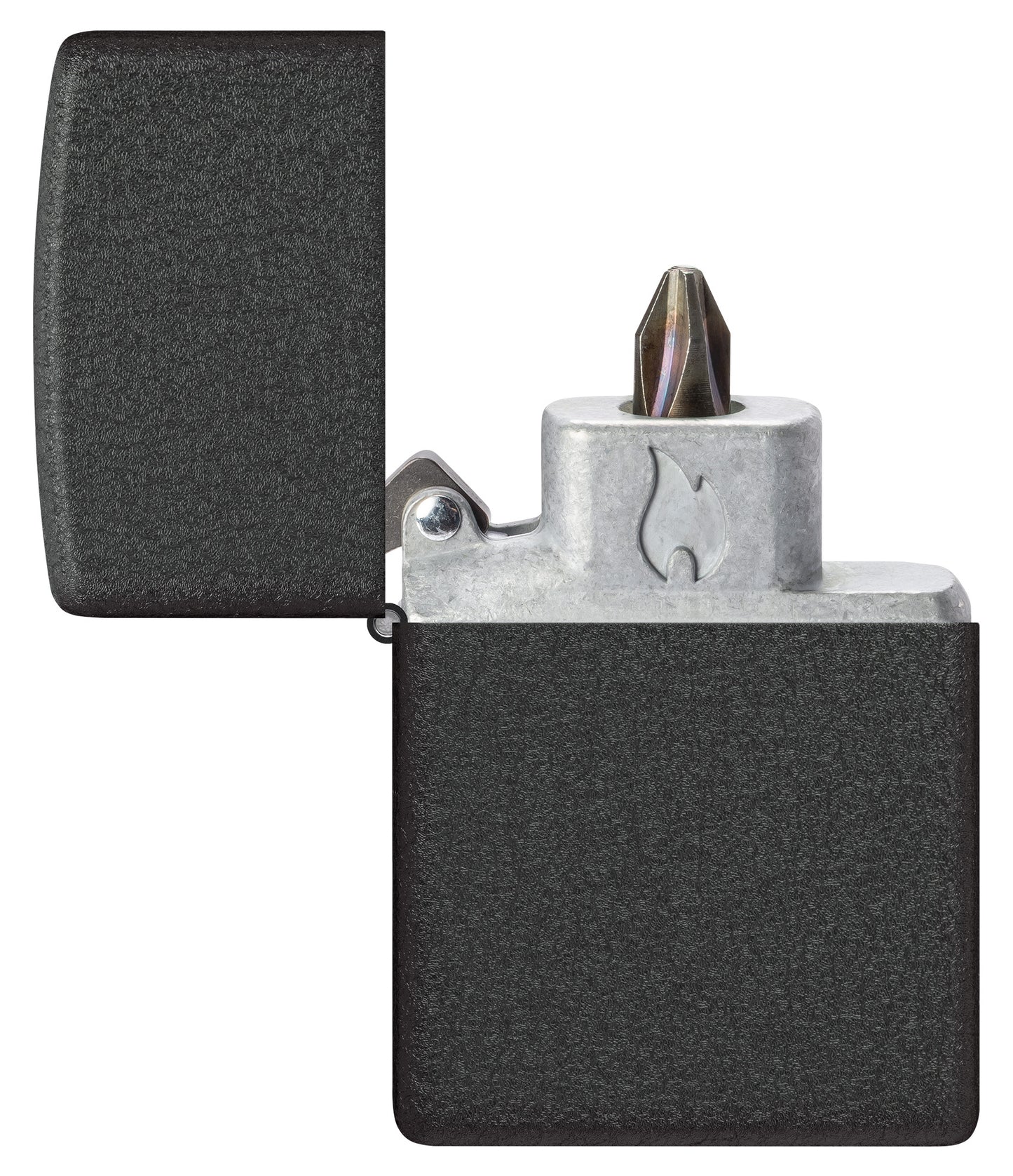Zippo Classic Black Crackle® Windproof Lighter with its lid open and showing the Bit Safe Screwdriver USA.