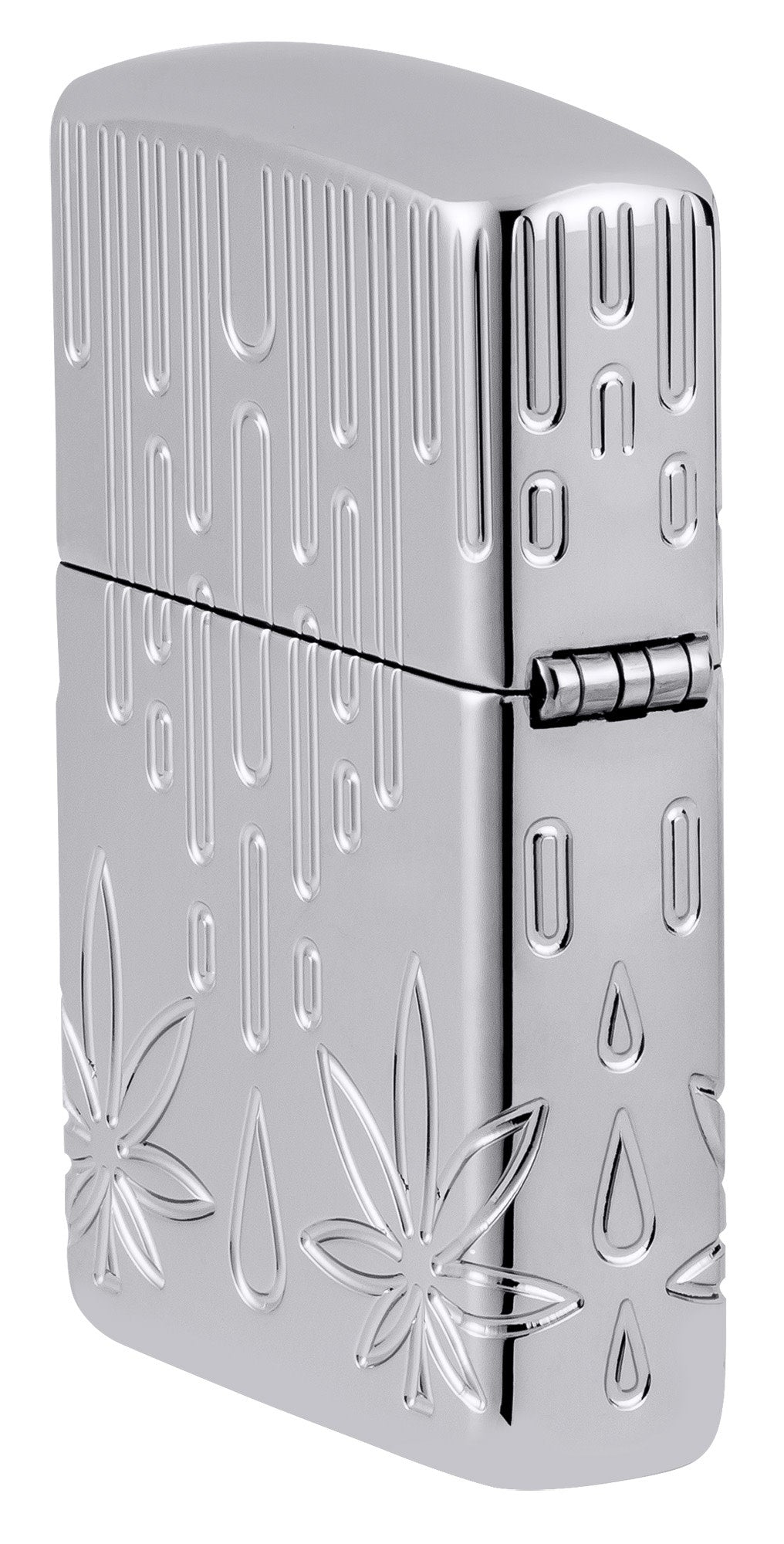 Angled shot of Zippo Waxy Leaf Design Armor® High Polish Chrome Windproof Lighter showing the back and hinge side of the lighter.