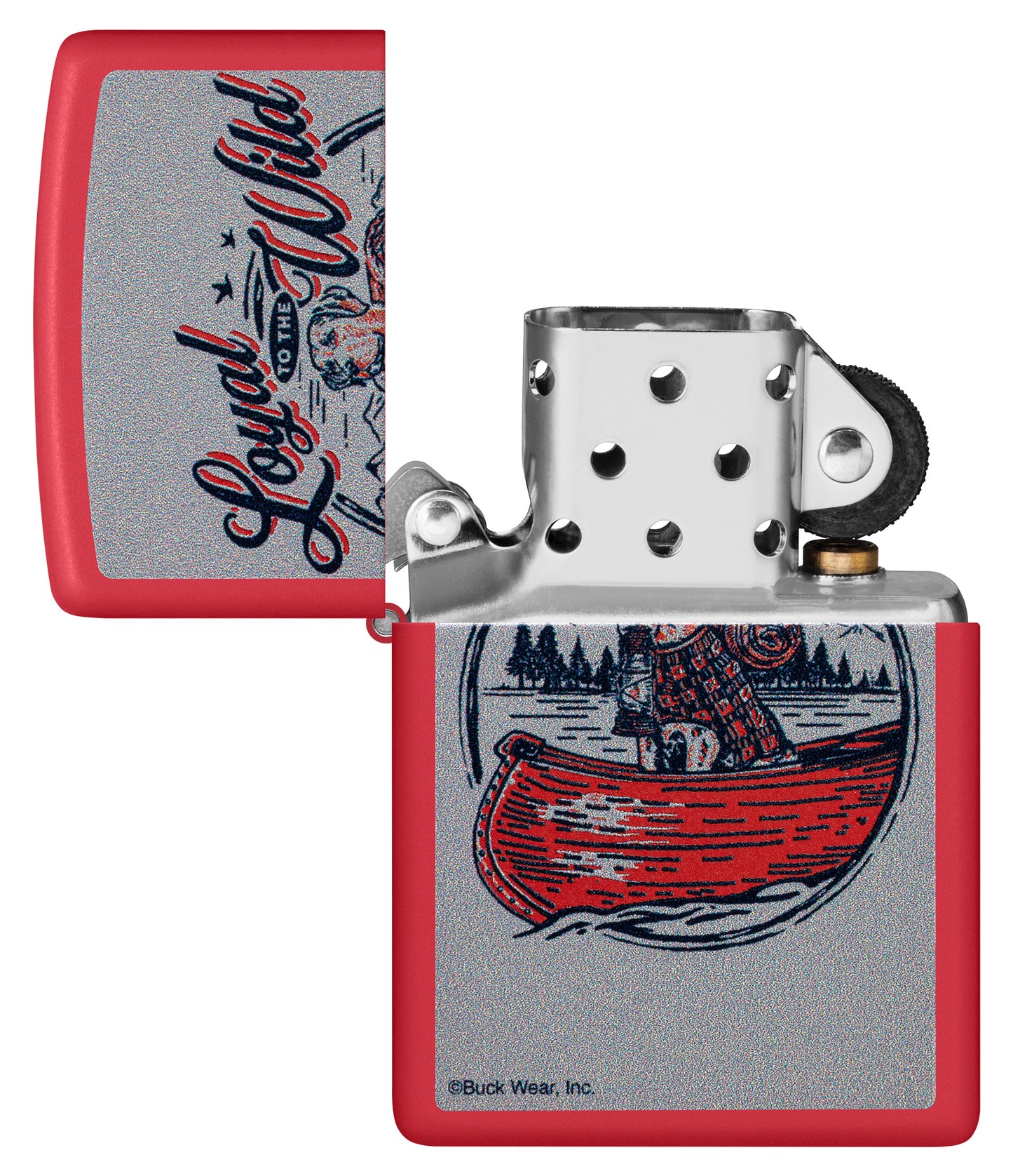 Zippo Buck Wear™ Loyal to the Wild Design Red Matte Windproof Lighter with its lid open and unlit.