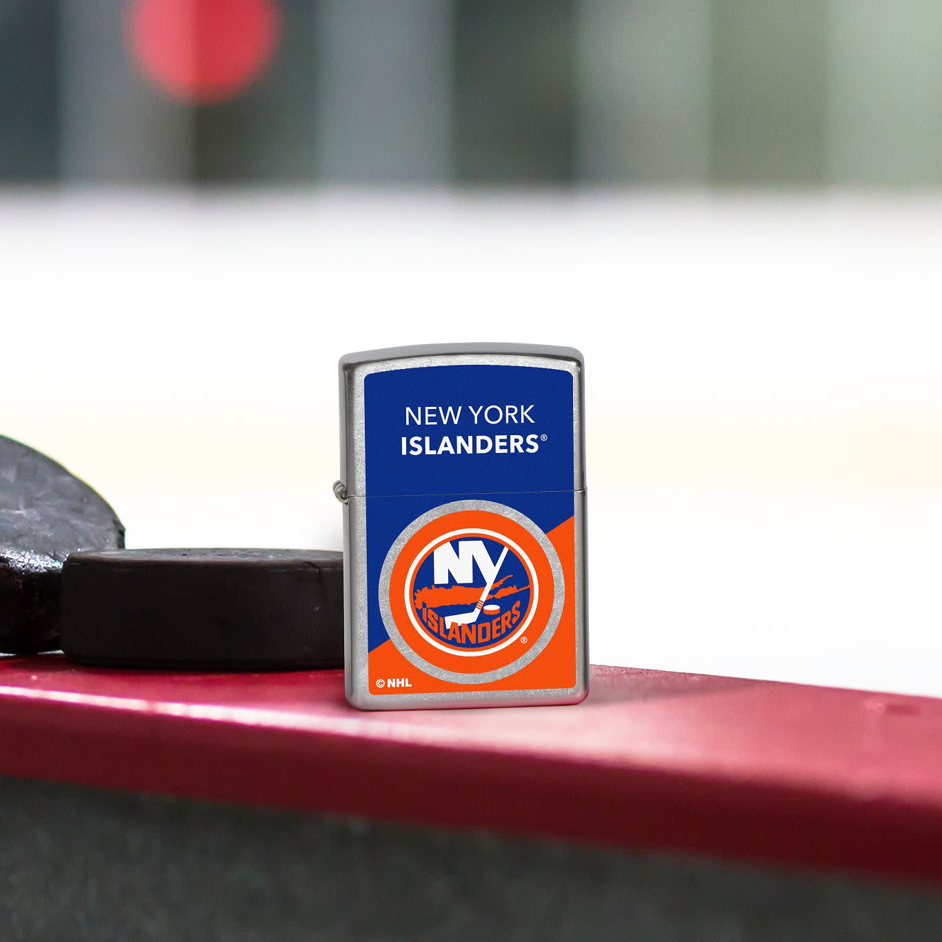 Front view of Zippo NHL® New York Islanders® 2024 Street Chrome™ Windproof Lighter.