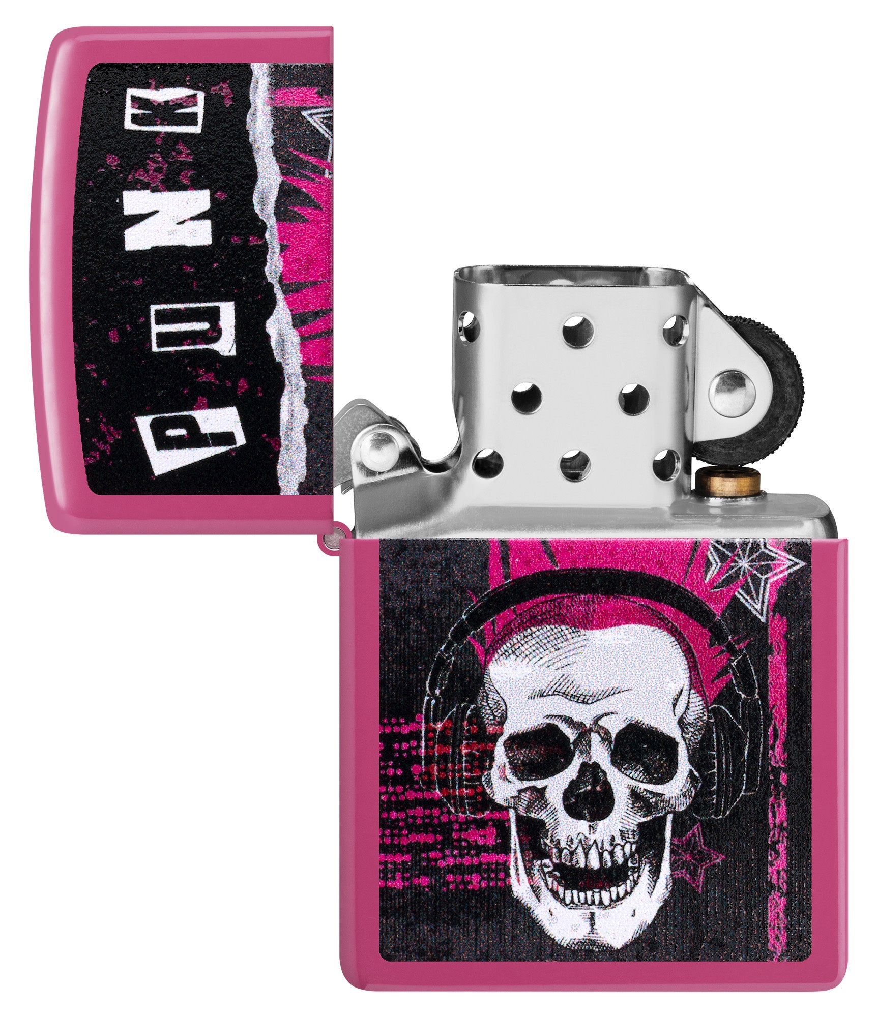 Zippo Punk Skull Design Frequency Windproof Lighter with its lid open and unlit.