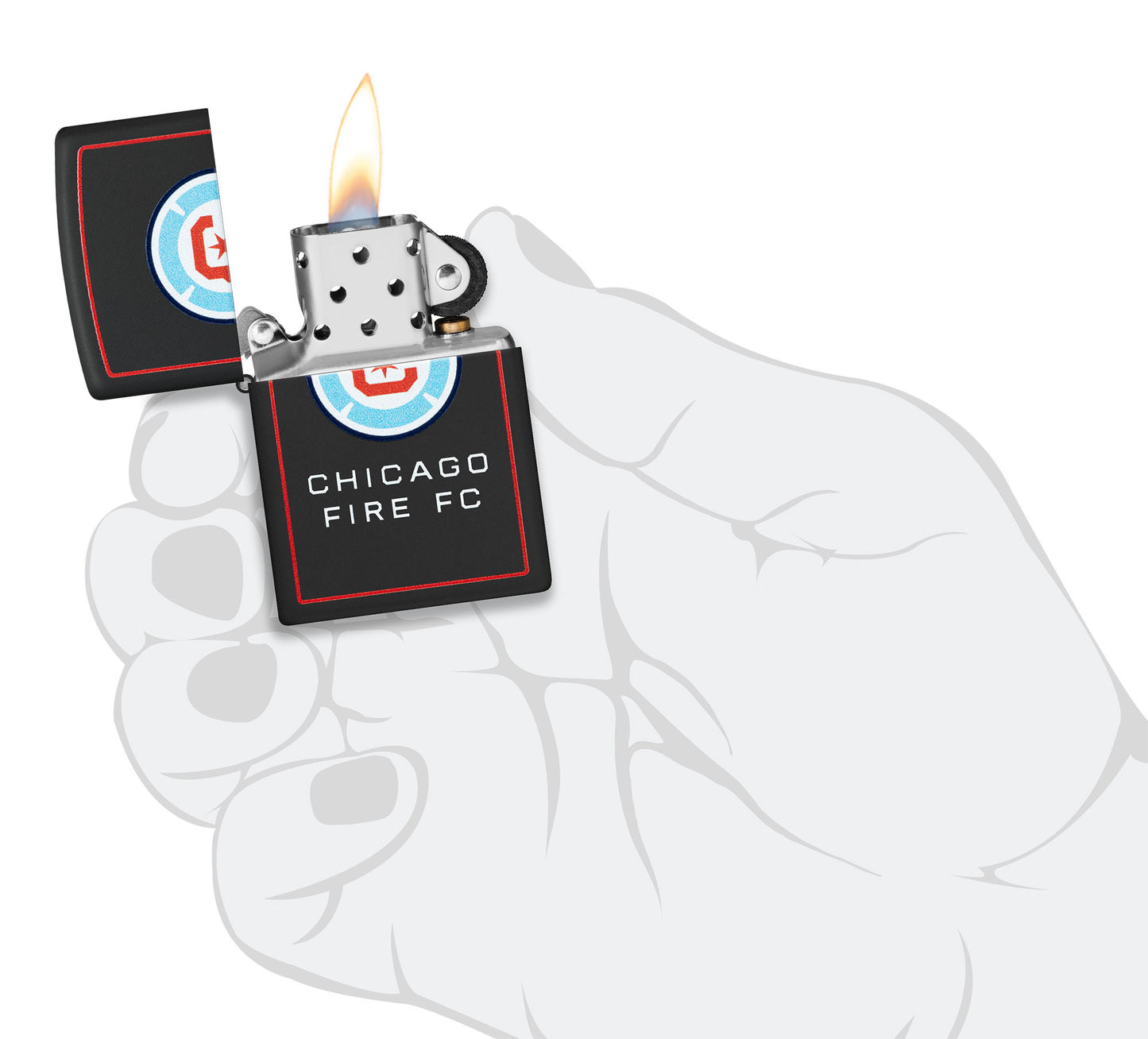 Zippo Chicago Fire FC Windproof Lighter lit in hand.