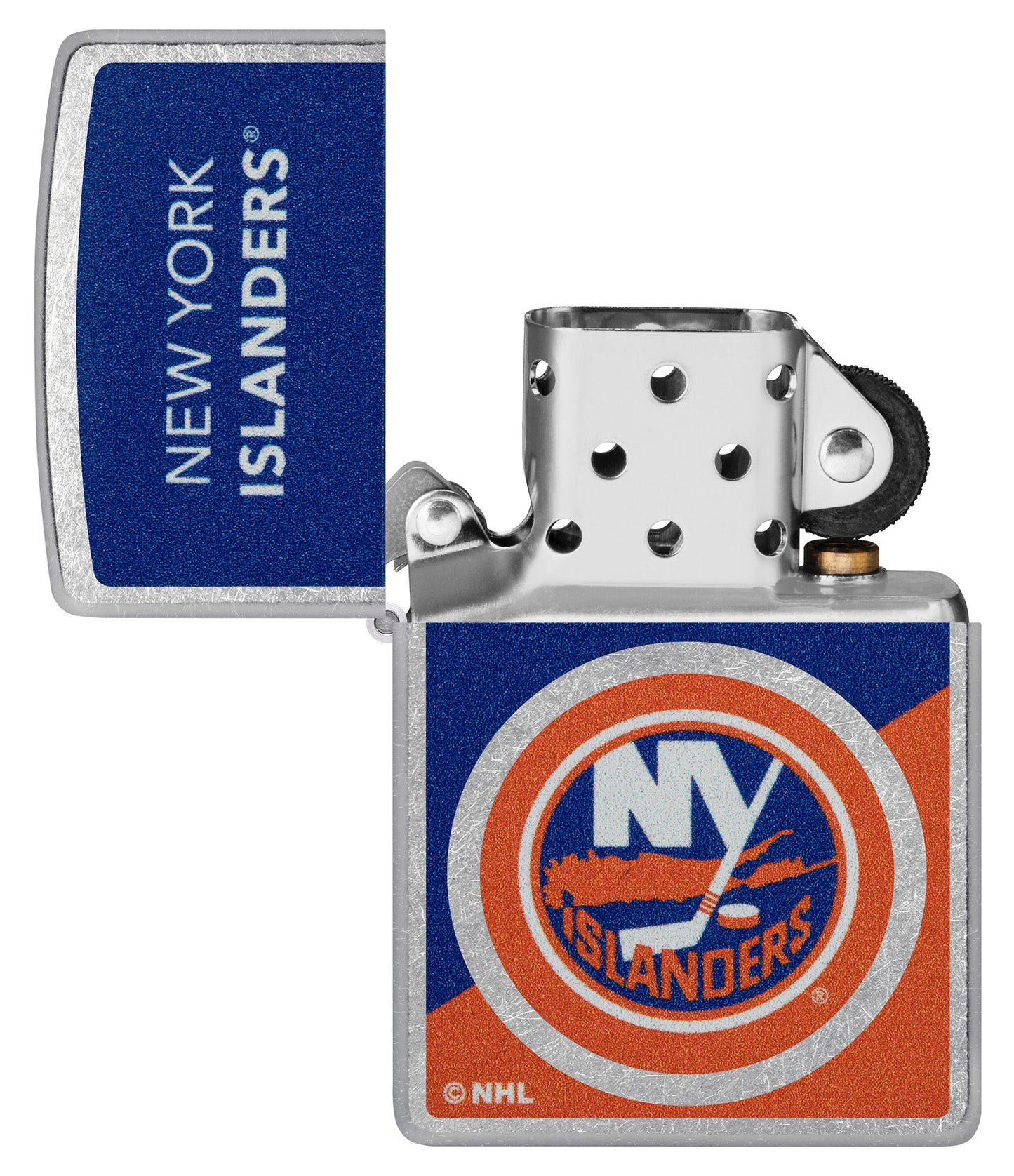 Zippo NHL® New York Islanders® 2024 Street Chrome™ Windproof Lighter lit in hand.