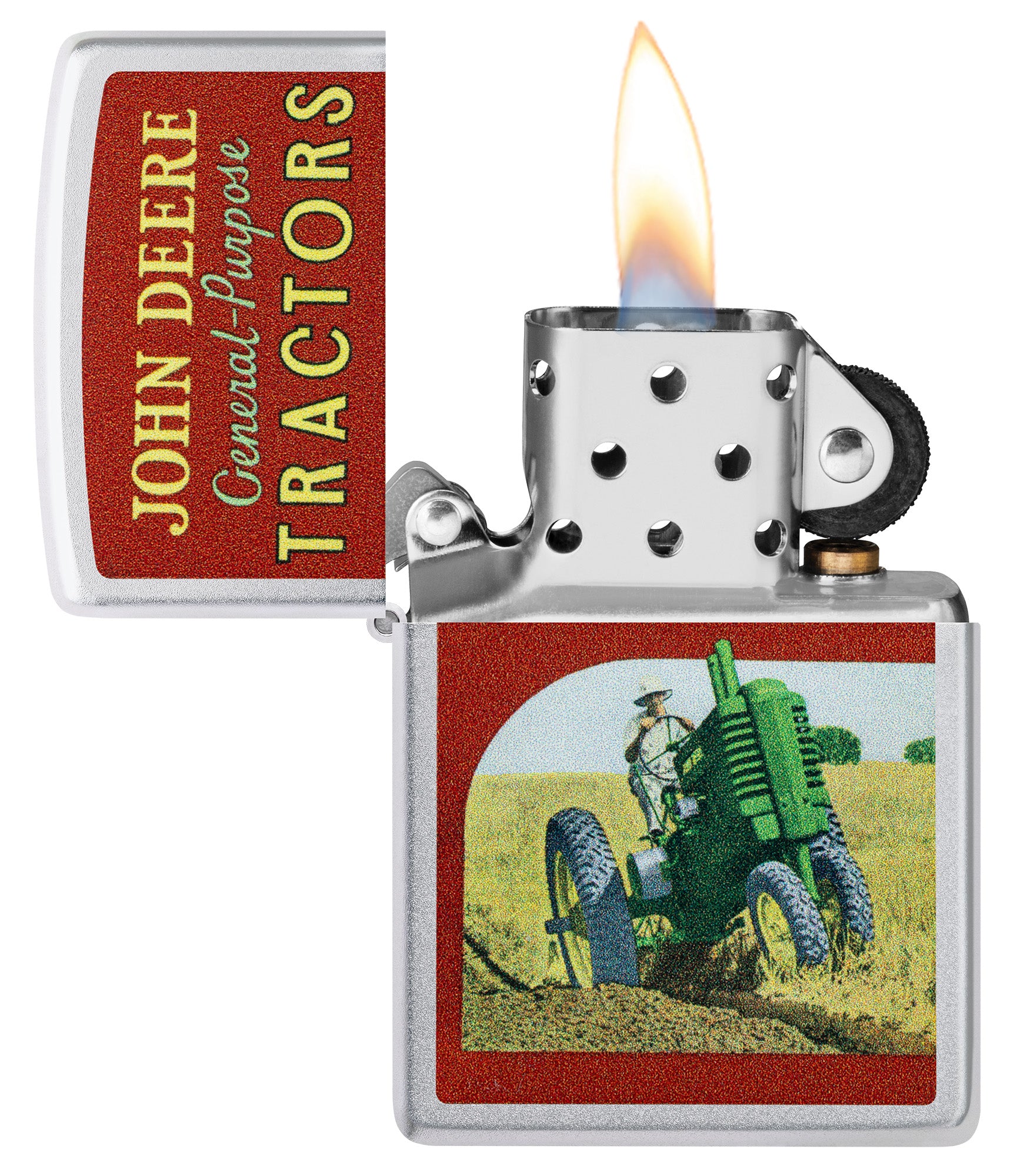 Zippo John Deere Vintage Ad Design Satin Chrome Windproof Lighter with its lid open and lit.