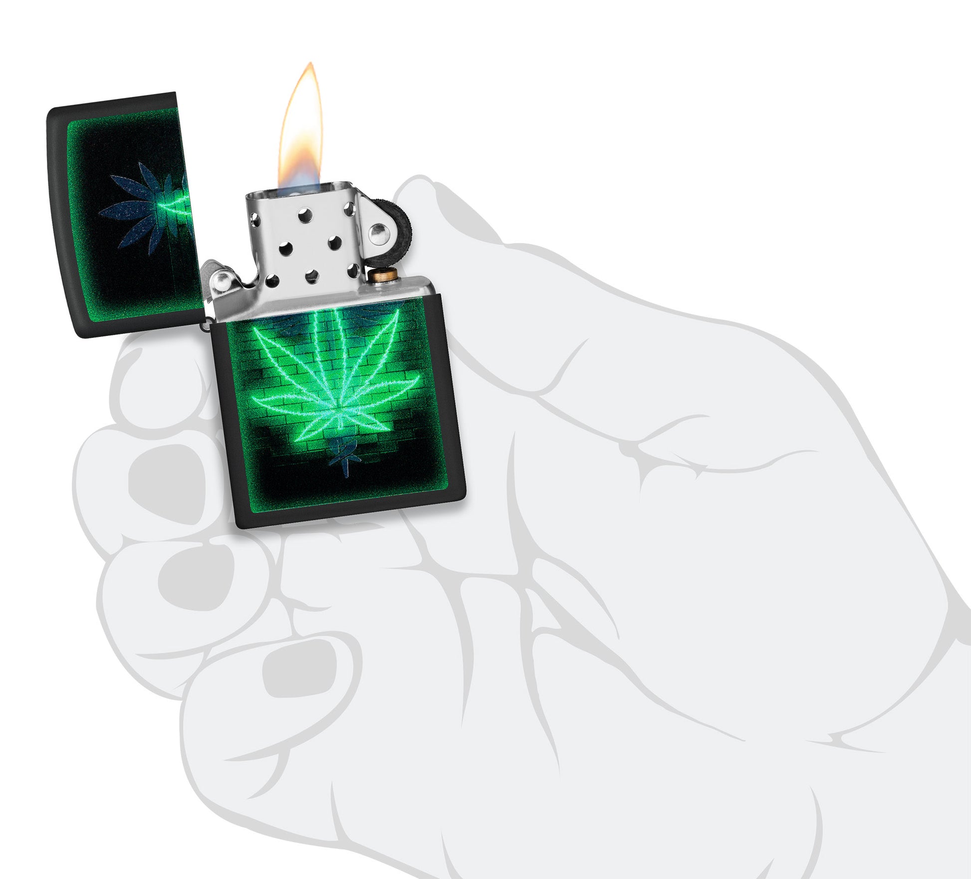 Zippo Gleaming Leaf Design Black Matte Windproof Lighter lit in hand.