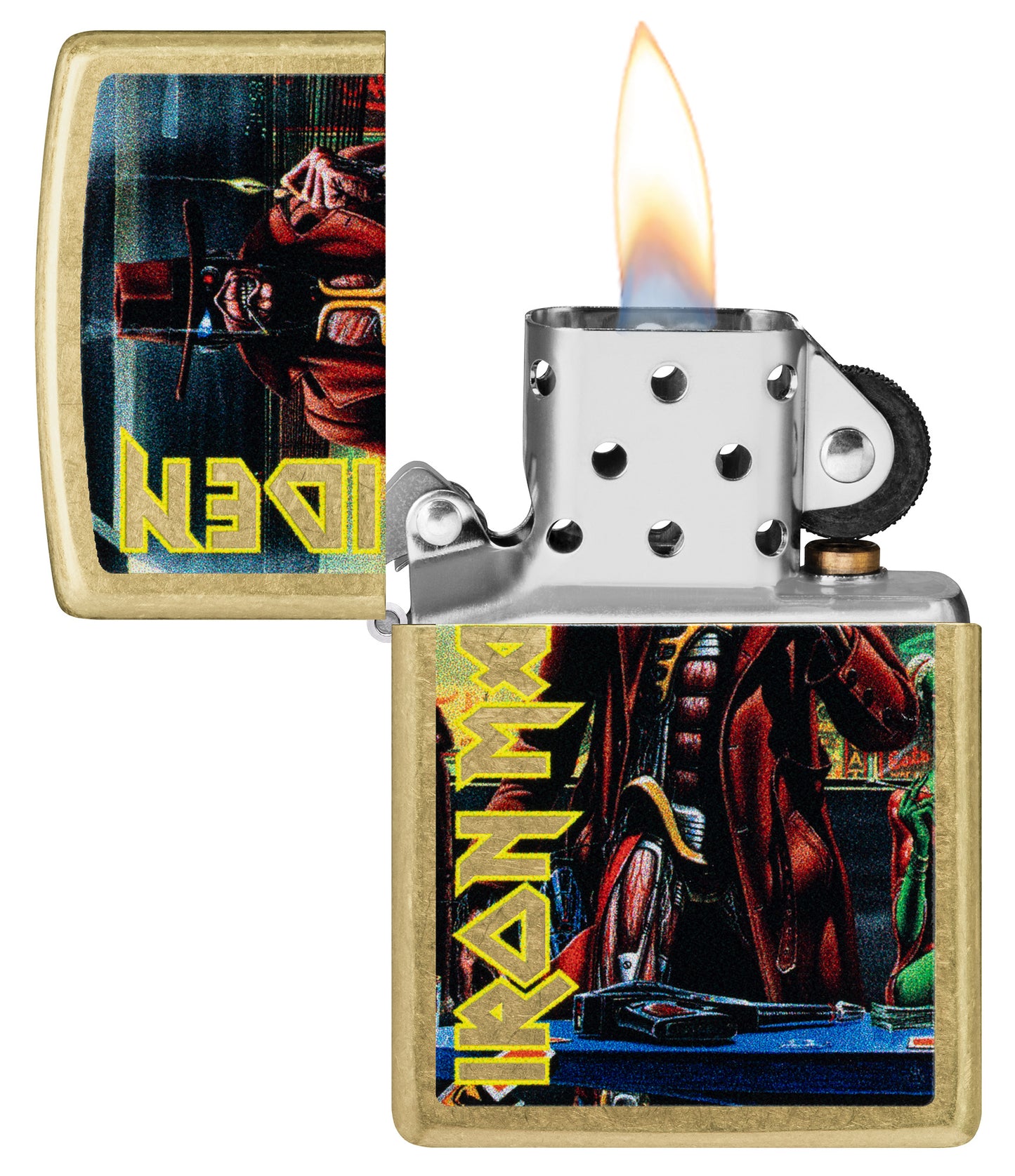 Zippo Iron Maiden Stranger in a Strange Land Street Brass Windproof Lighter with its lid open and lit.