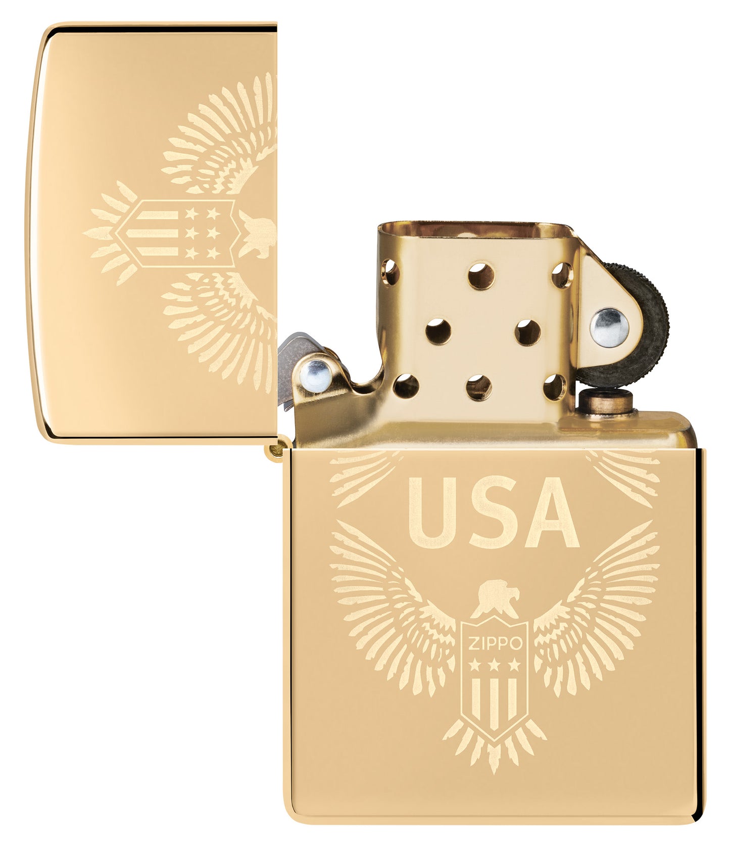 Zippo USA High Polish Brass Windproof Lighter with its lid open and unlit.