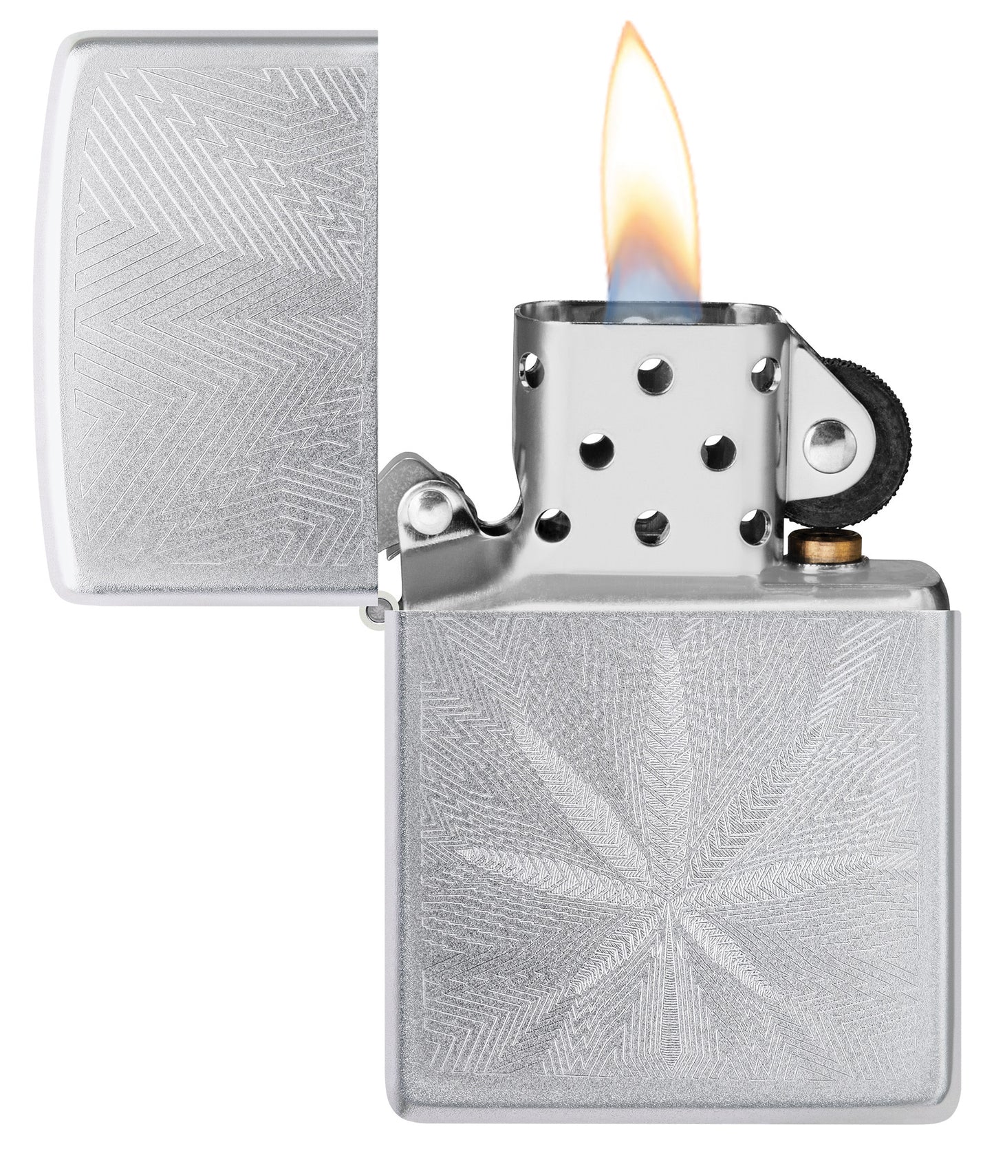 Zippo Luxury Leaf Design Satin Chrome Windproof Lighter with its lid open and lit.