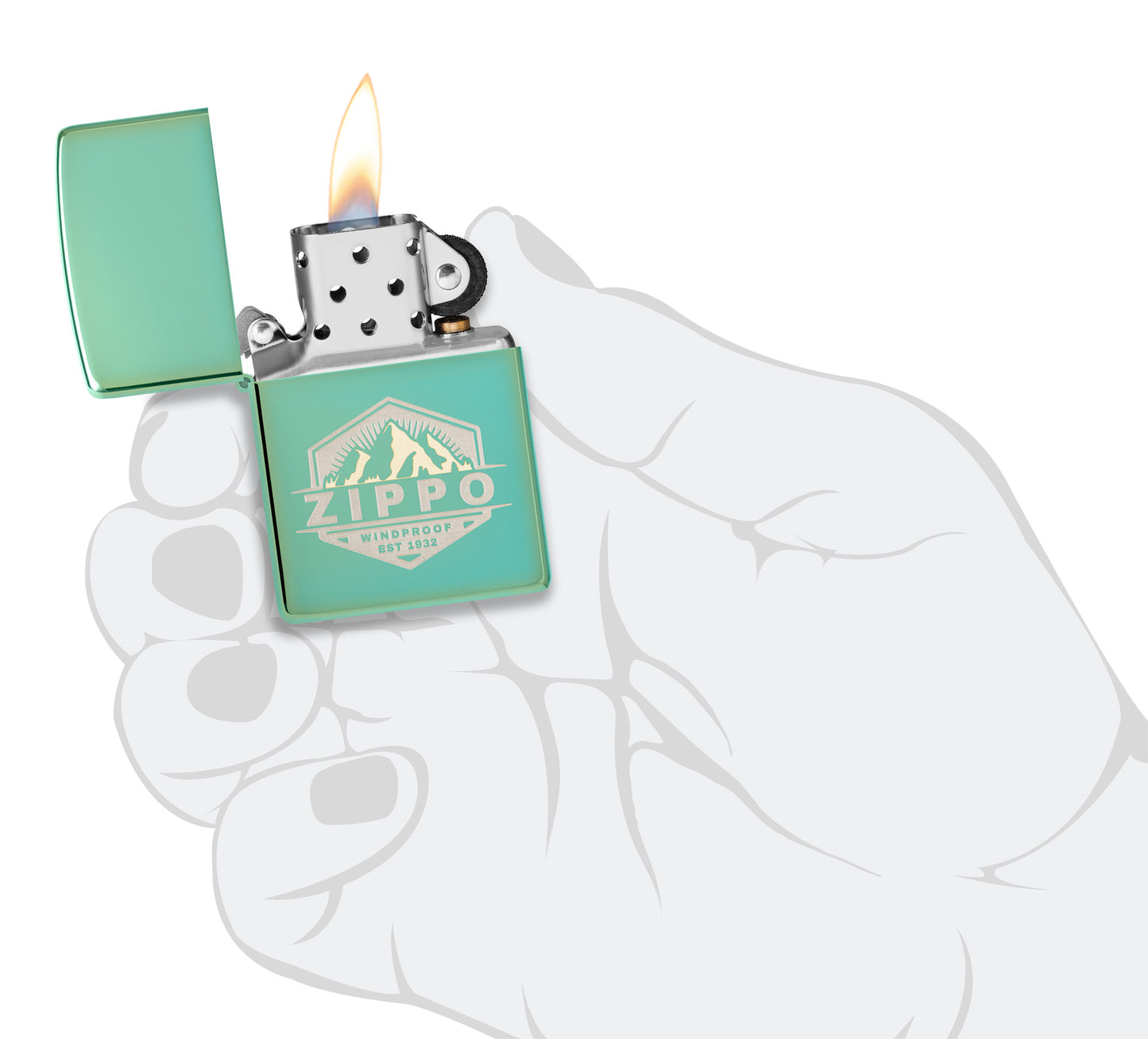 Zippo Badge Design High Polish Green Windproof Lighter lit in hand.