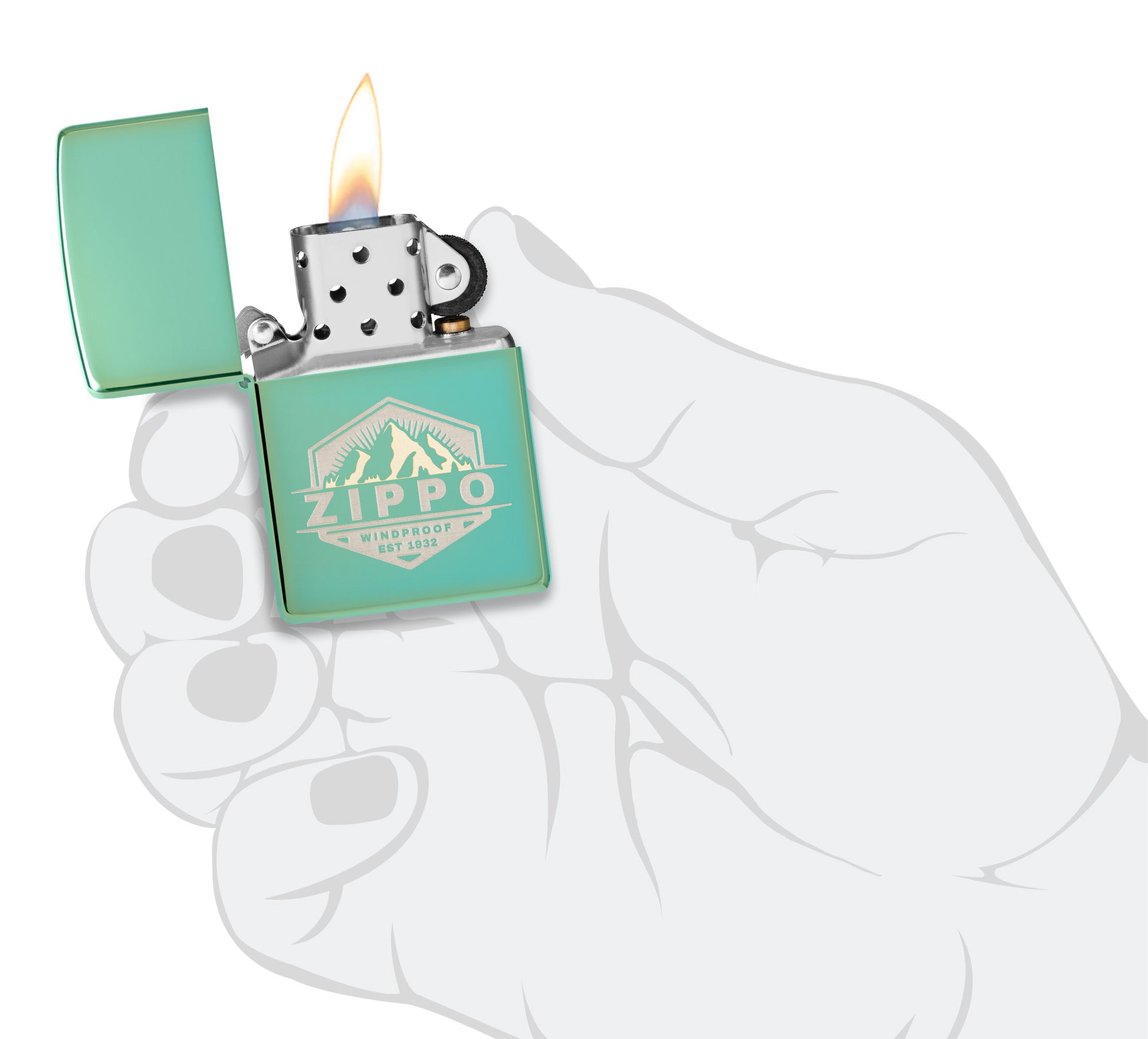 Zippo Badge Design High Polish Green Windproof Lighter lit in hand.