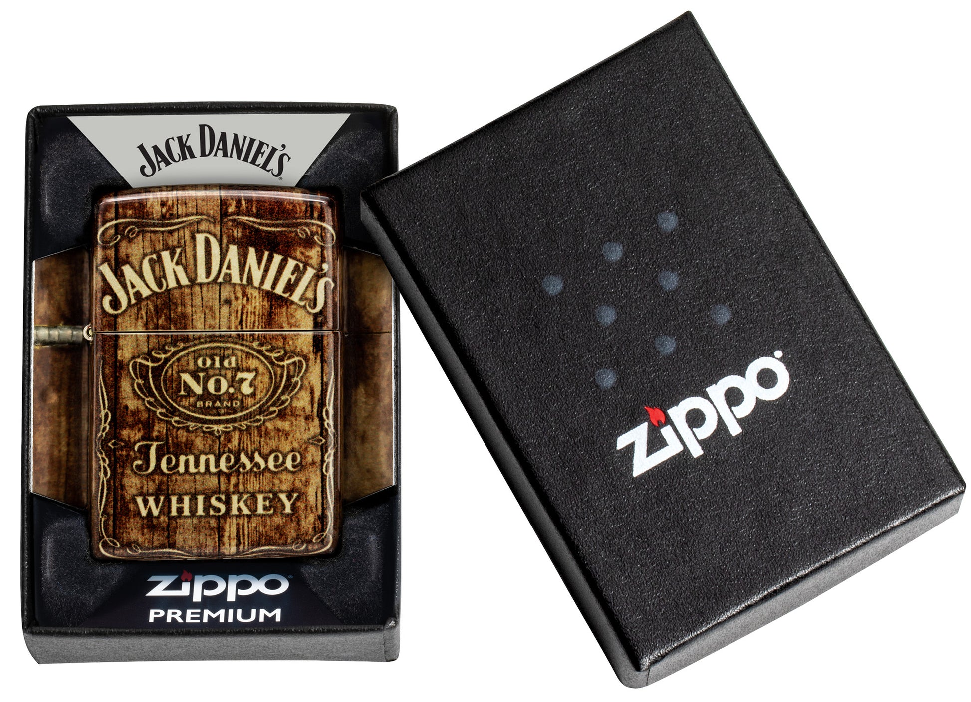 Zippo Jack Daniel's® Barrel Design 540 Tumbled Brass Windproof Lighter in its packaging.