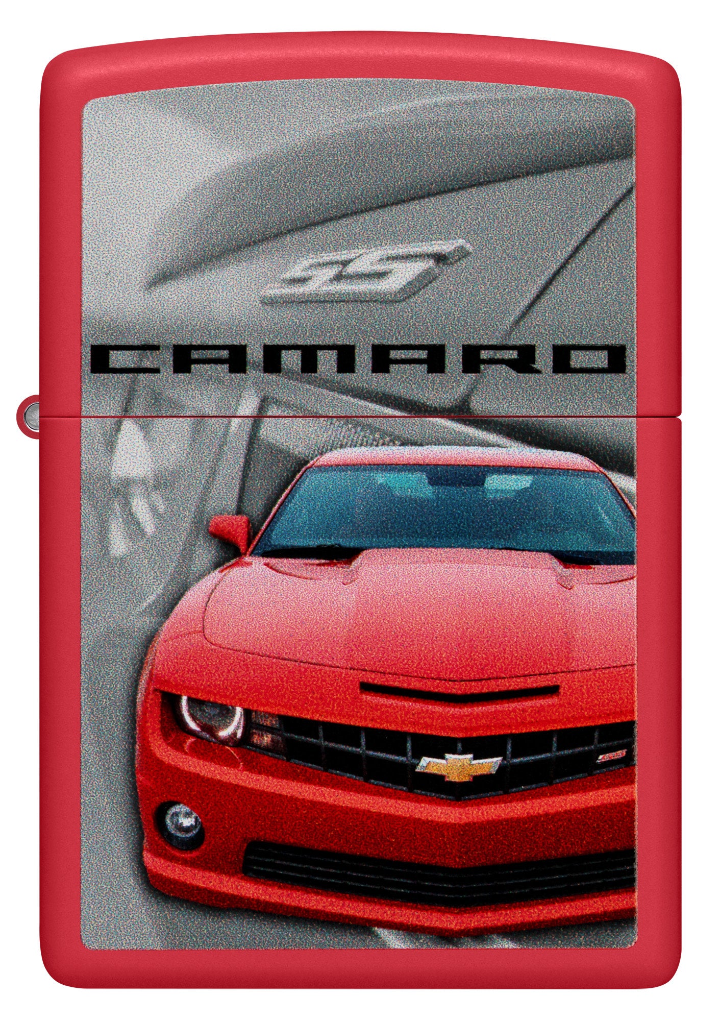 Front view of Zippo Chevrolet® Camaro Design Red Matte Windproof Lighter.
