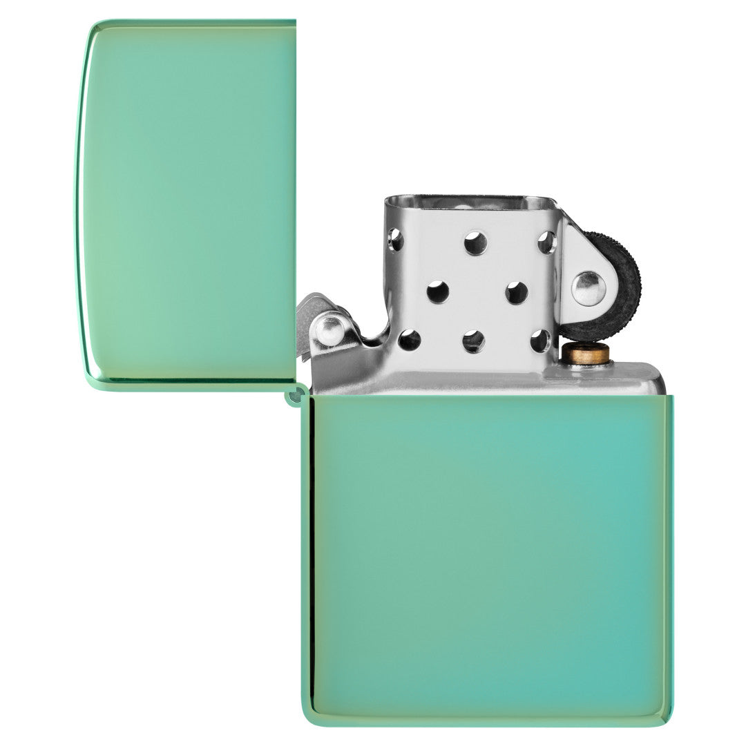 Classic High Polish Green Windproof Lighter with its lid open and unlit.