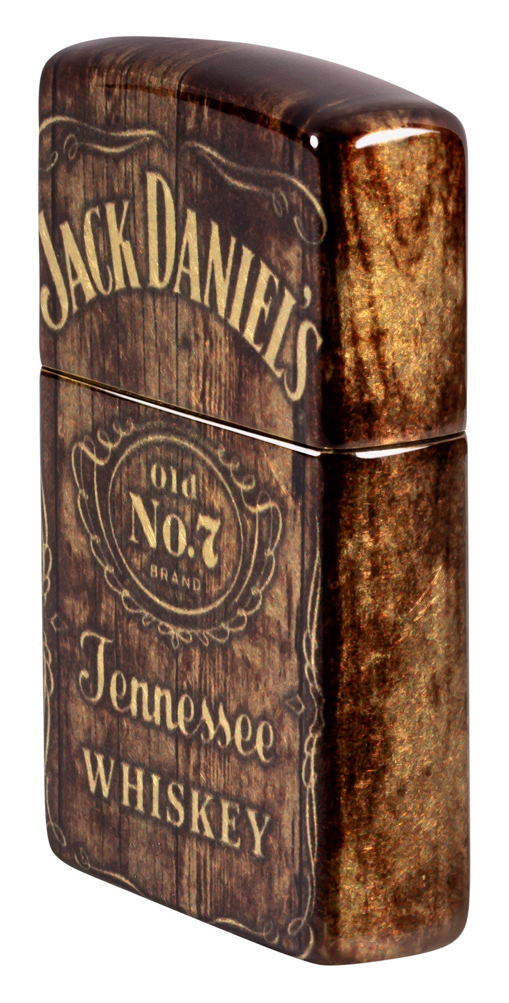 Angled shot of Zippo Jack Daniel's® Barrel Design 540 Tumbled Brass Windproof Lighter showing the front and right side of the lighter.