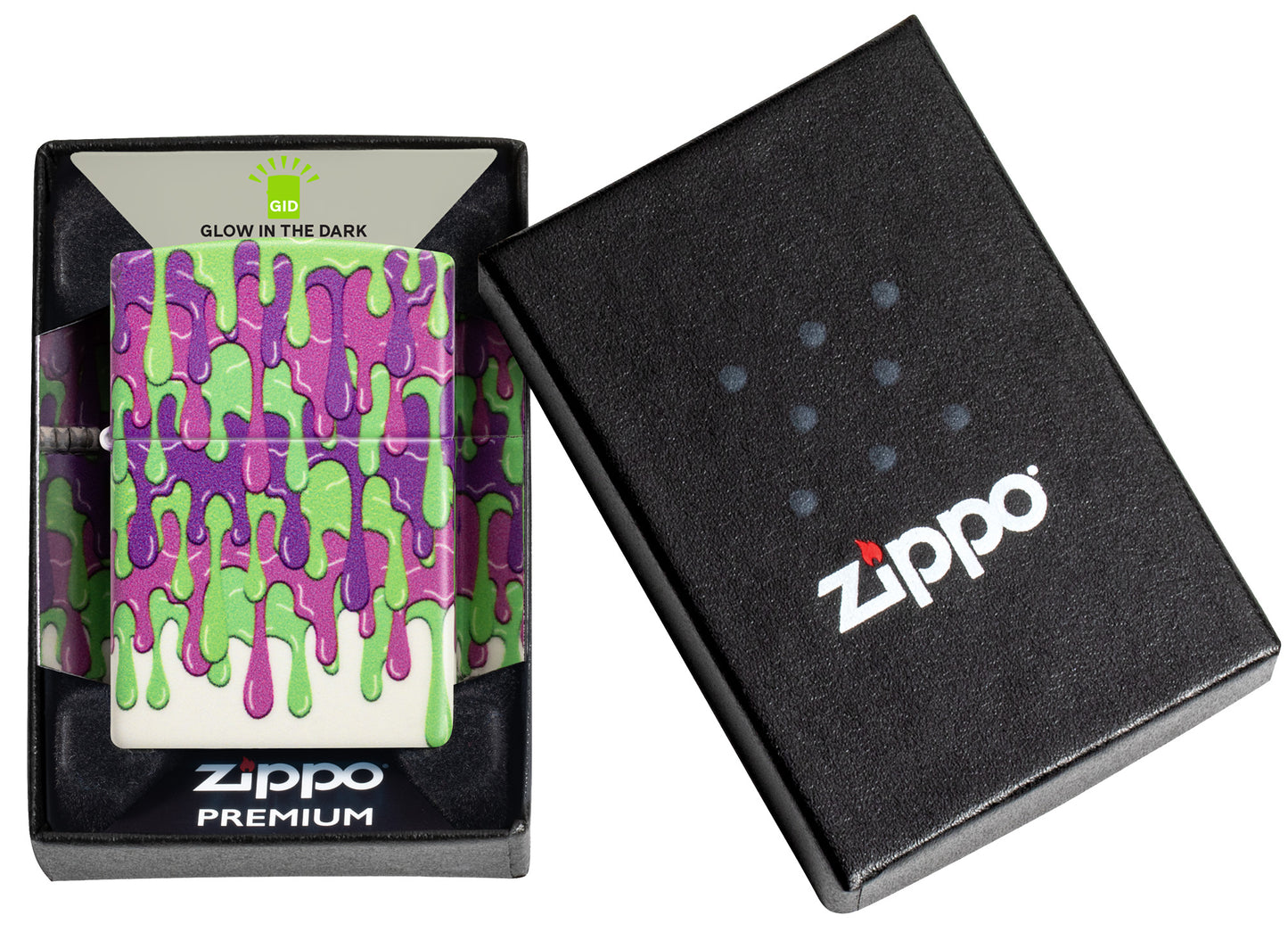Zippo Glowing Slime Design Glow in the Dark Windproof Lighter in its packaging.