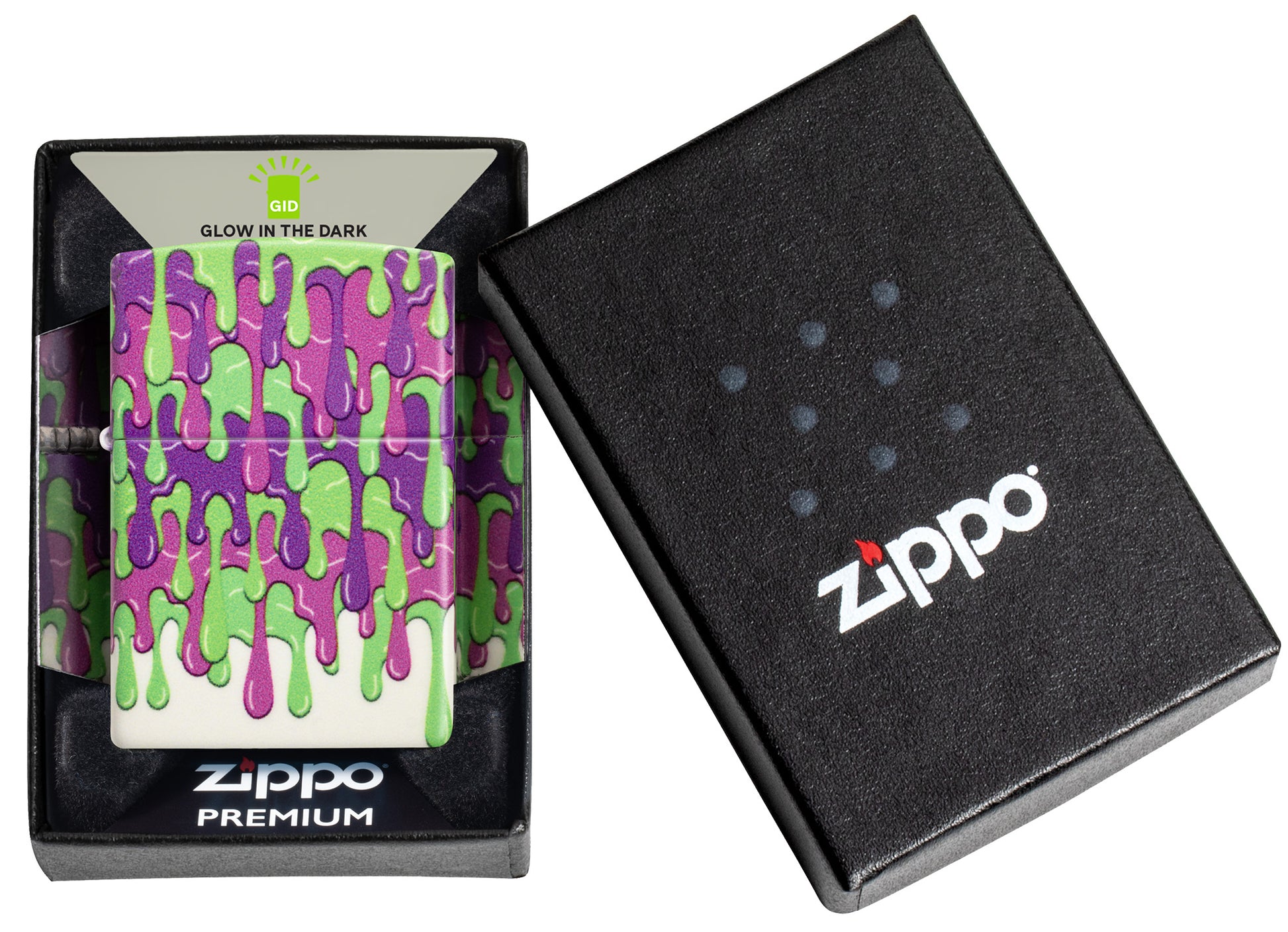 Zippo Glowing Slime Design Glow in the Dark Windproof Lighter in its packaging.