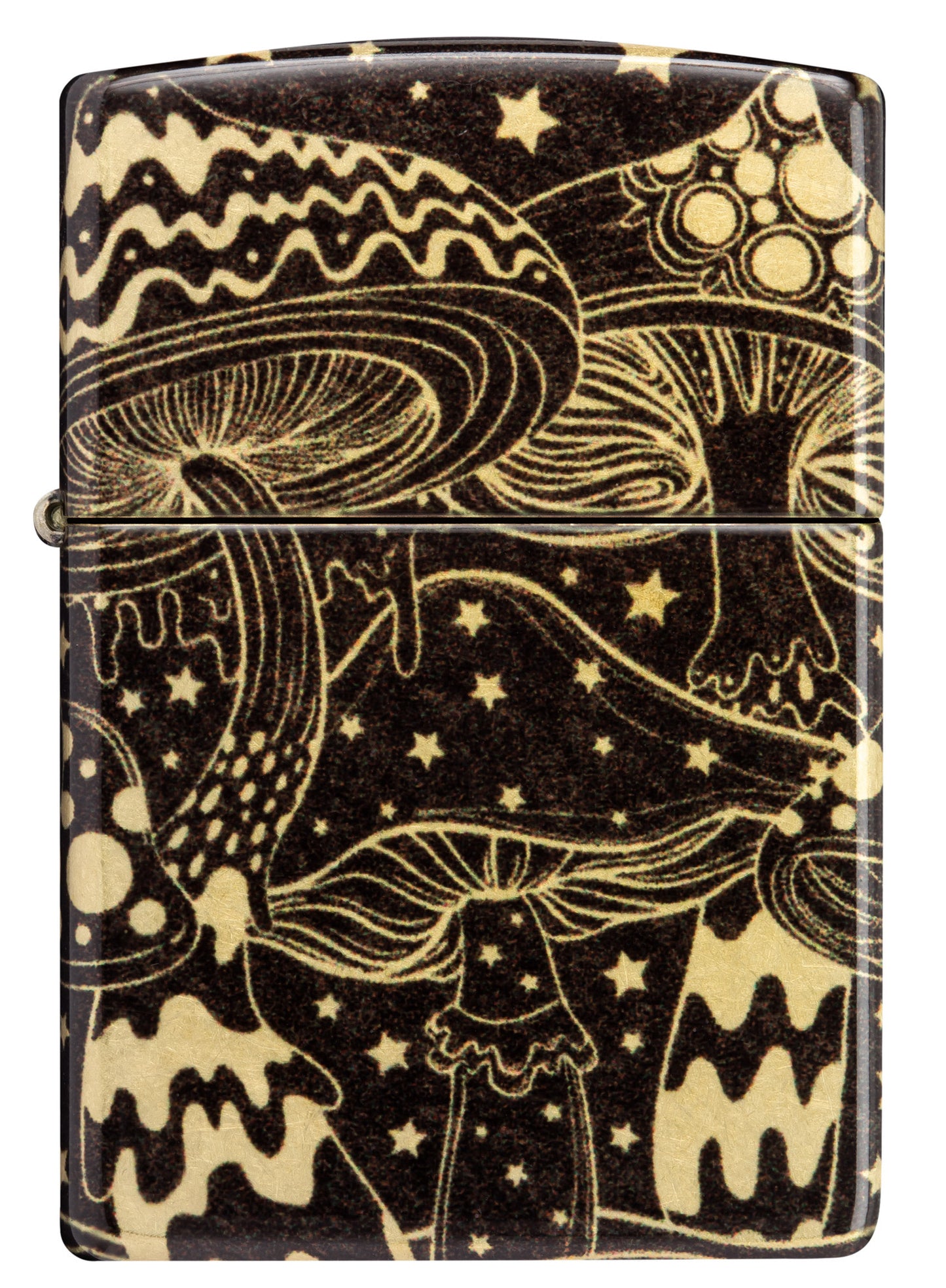 Front view of Zippo Mushroom Drift Design 540 Tumbled Brass Windproof Lighter.