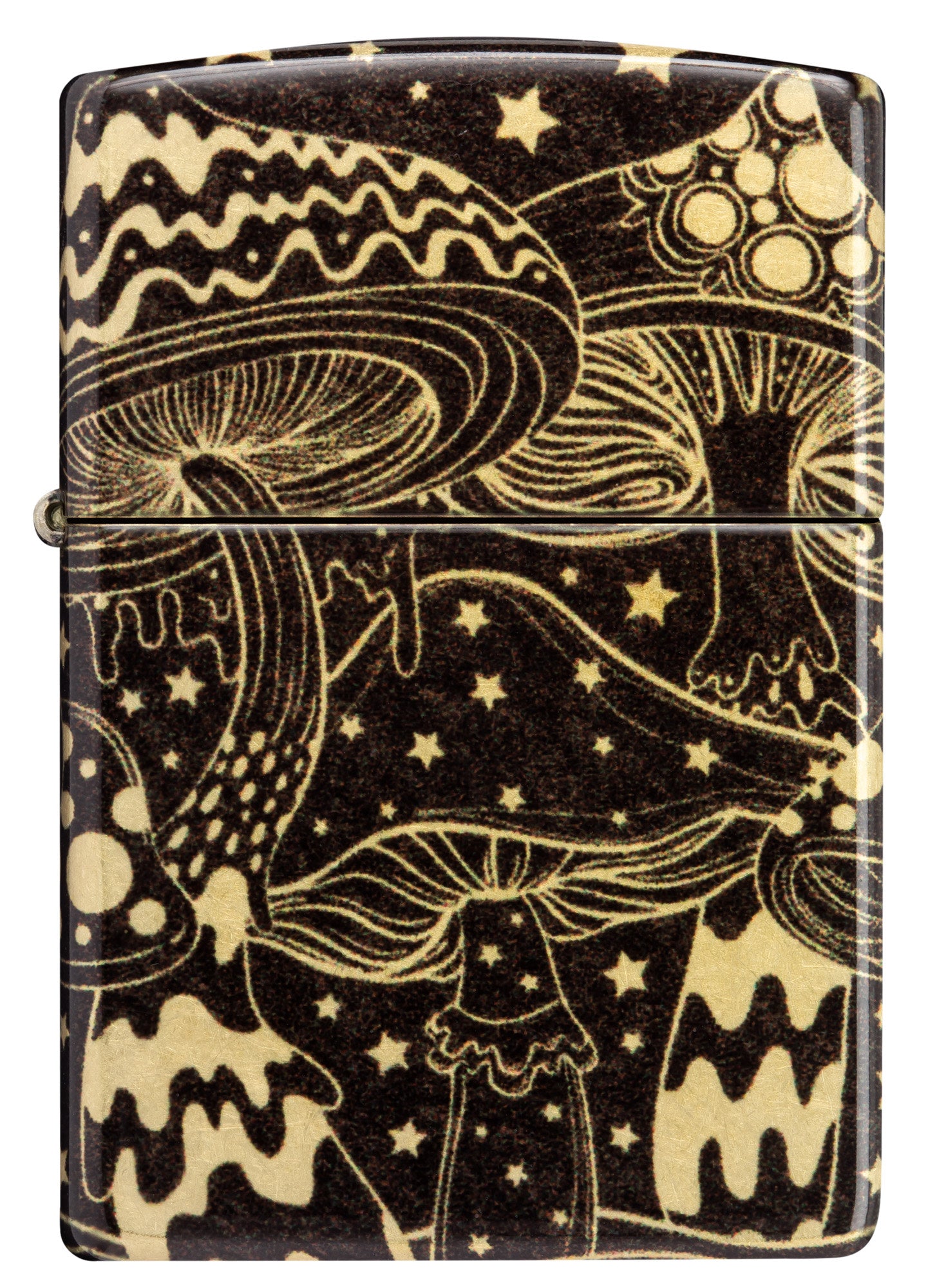 Front view of Zippo Mushroom Drift Design 540 Tumbled Brass Windproof Lighter.