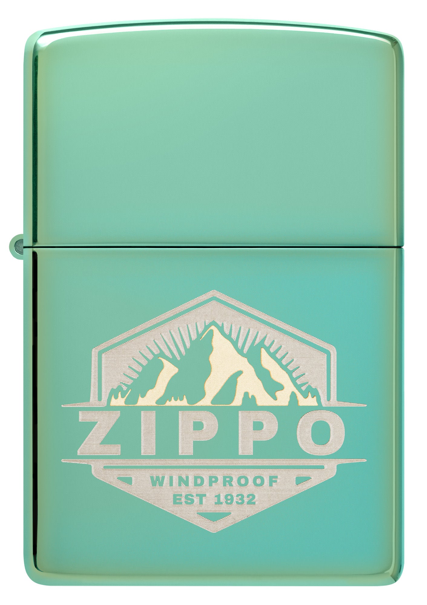 Front view of Zippo Badge Design High Polish Green Windproof Lighter.
