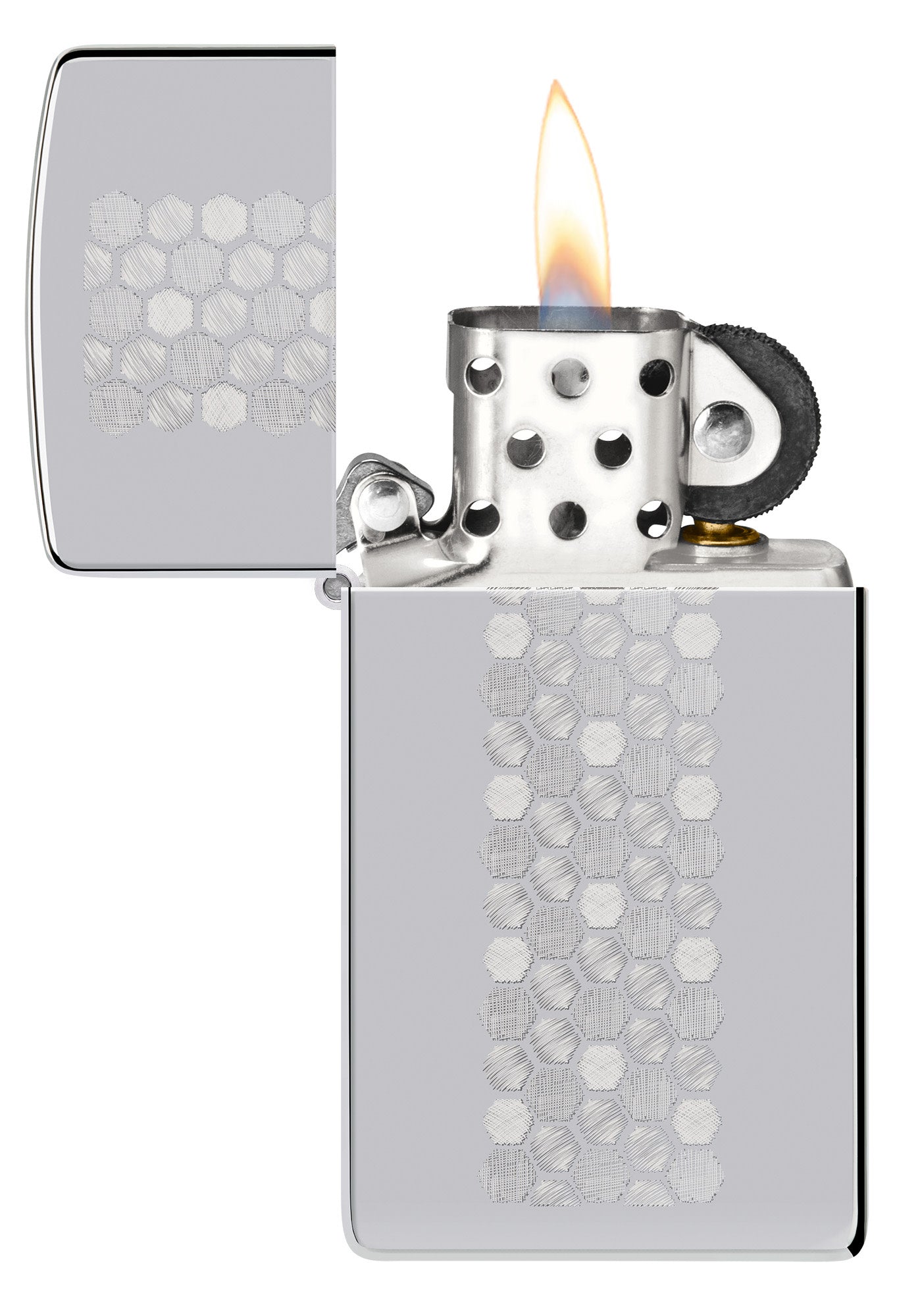 Zippo Slim® Honeycomb Design High Polish Chrome Windproof Lighter with its lid open and lit.