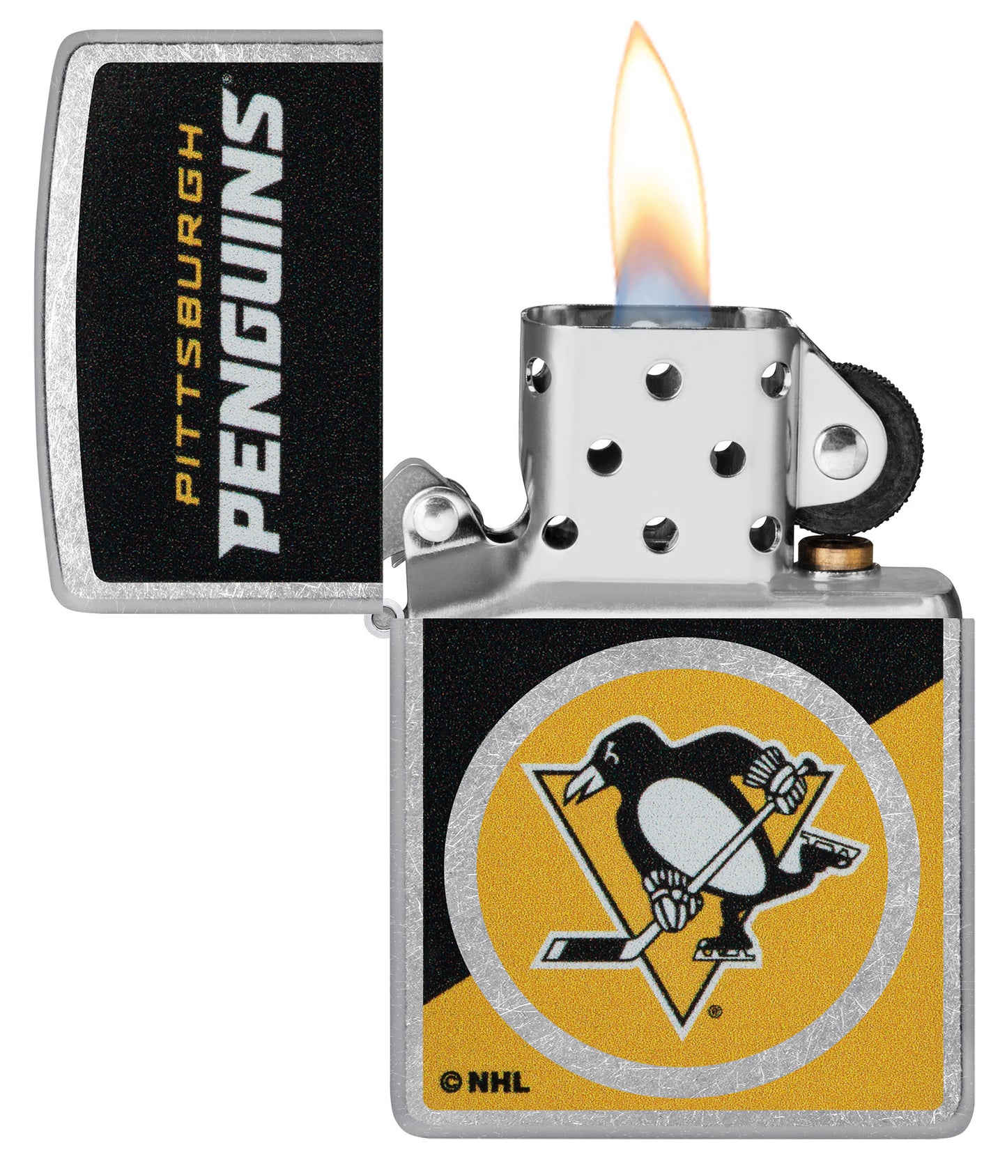 Zippo NHL® Pittsburgh Penguins® 2024 Street Chrome™ Windproof Lighter with its lid open and unlit.