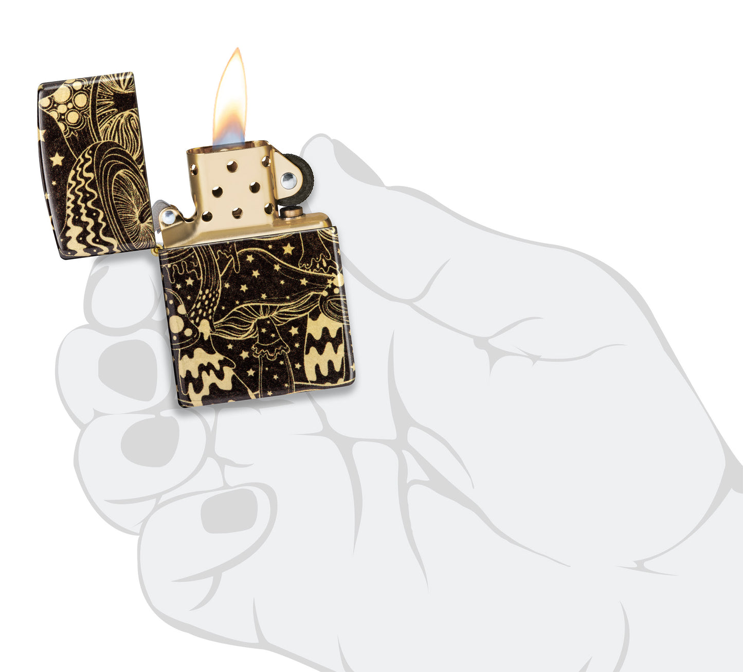 Zippo Mushroom Drift Design 540 Tumbled Brass Windproof Lighter lit in hand.